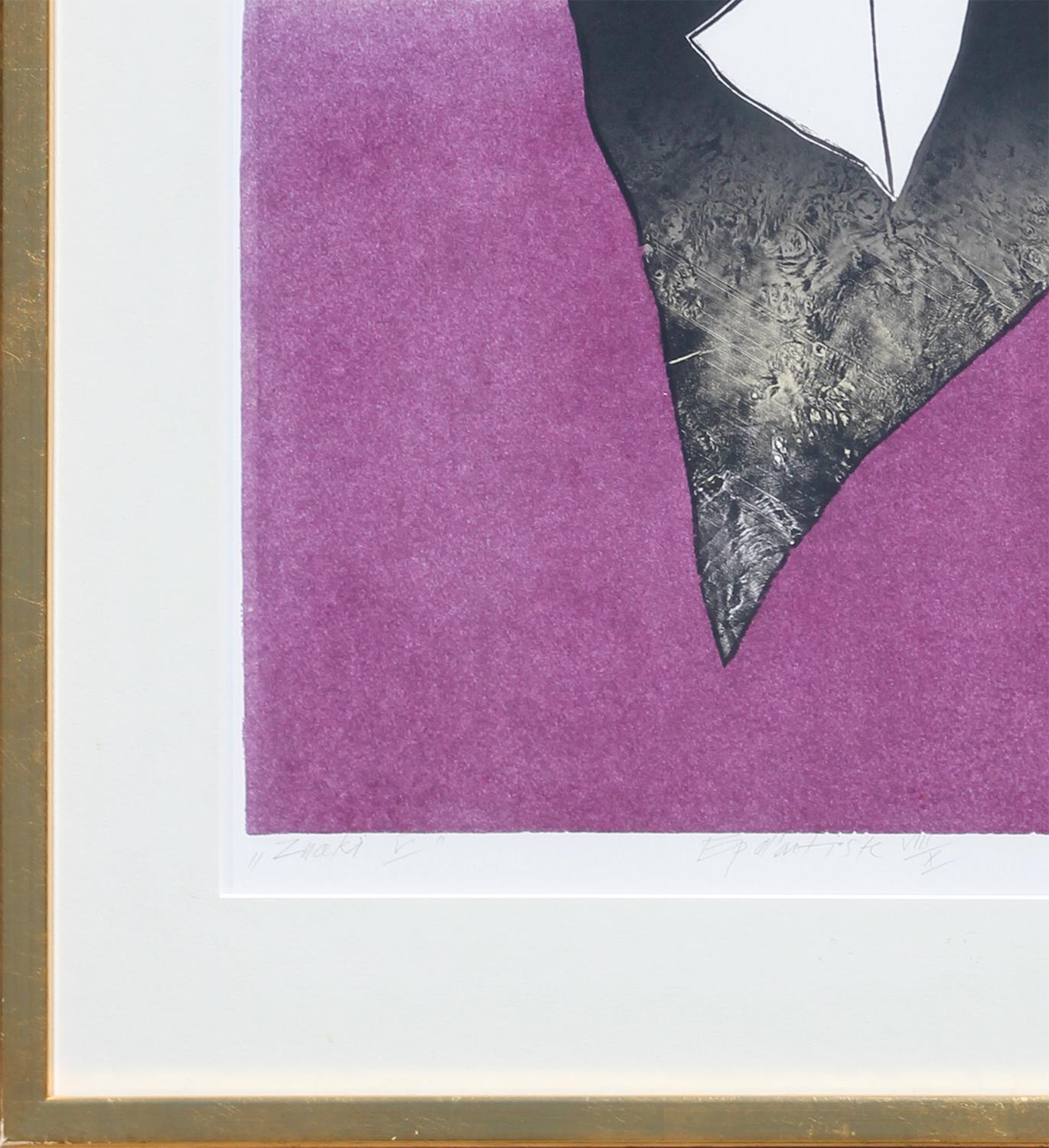 Modern purple and black minimalist woodcut print by Polish artist, Zbigniew Lutomski. This print depicts a black abstracted geometric shape set against a rich purple background. Signed, titled, dated, and editioned by the artist along the font lower