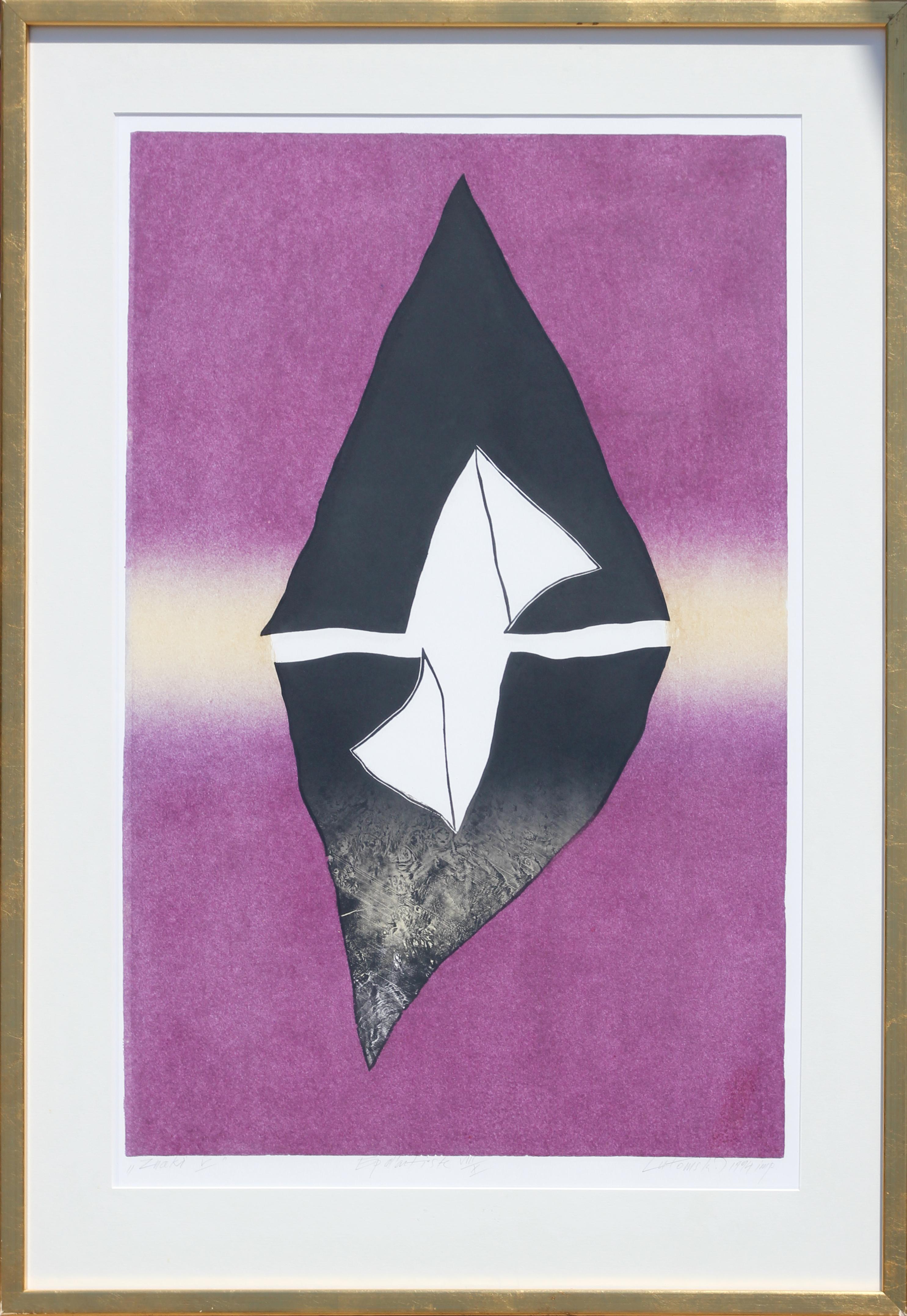 Zbigniew Lutomski Abstract Print - “Signs V” Modern Purple and Black Abstract Geometric Woodcut Print Edition 8/10