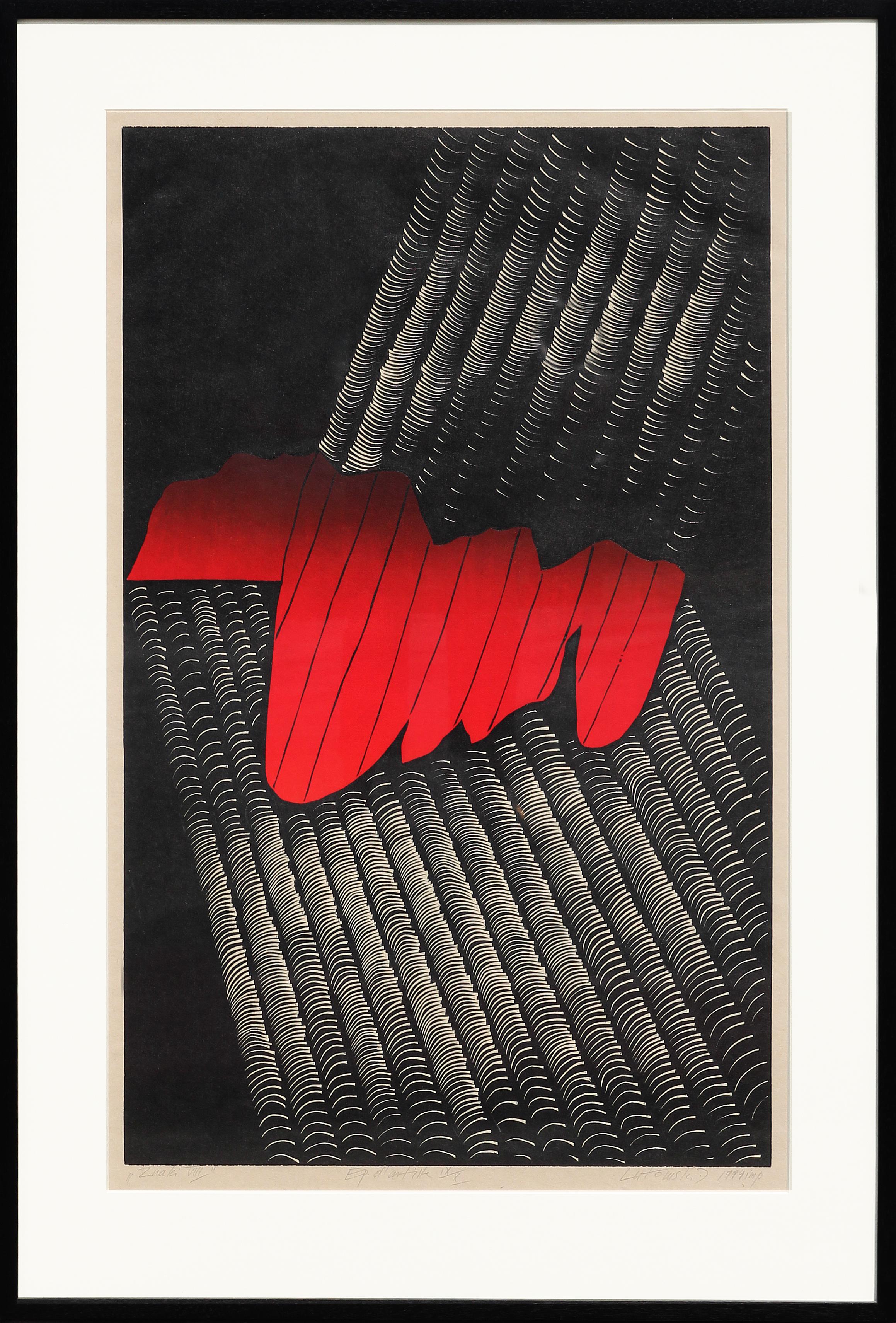 Zbigniew Lutomski Abstract Print - “Signs VIII” Red and Black Abstract Woodcut Print