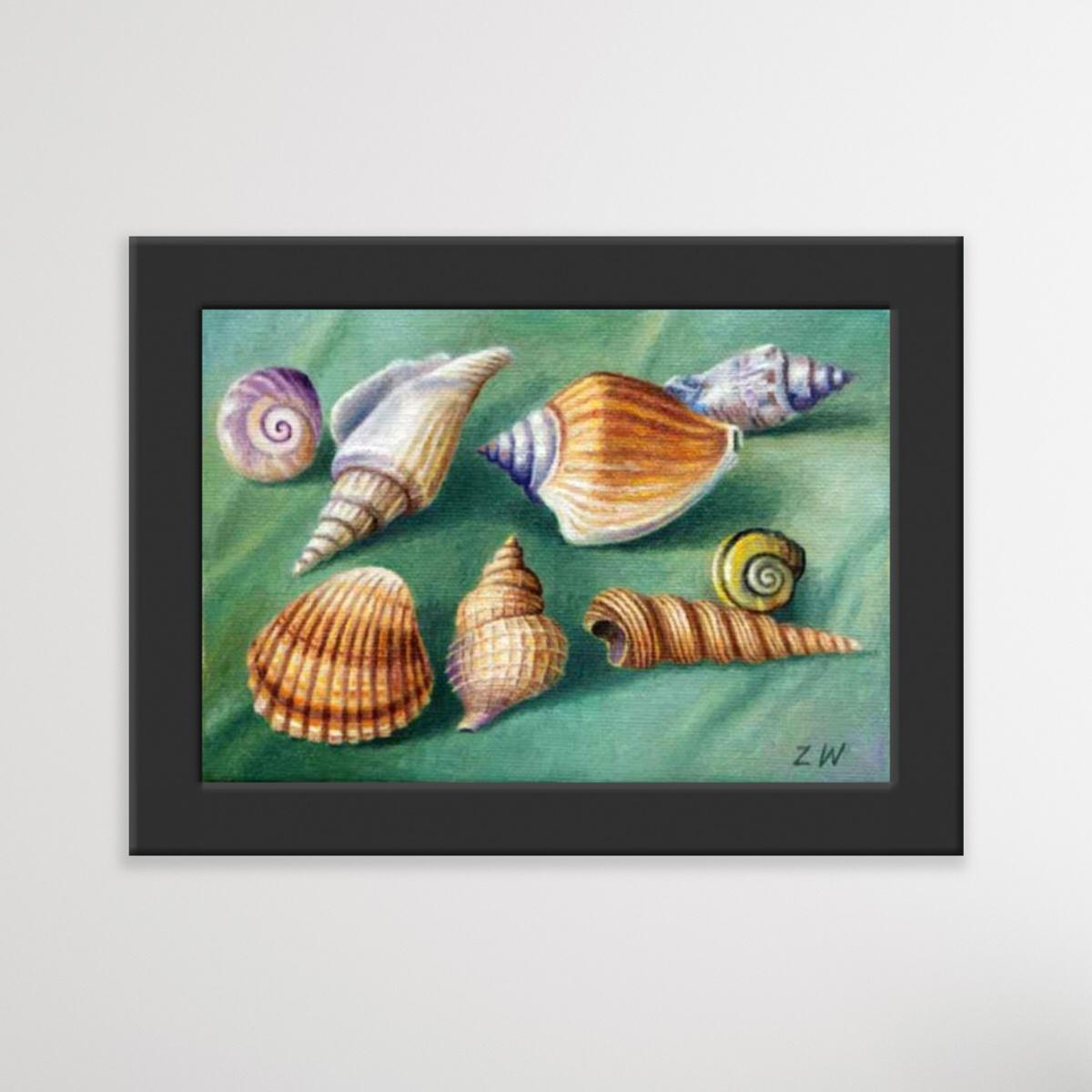 Shells - Contemporary Figurative Oil Painting, Still life, Muted Colors, Realism - Gray Figurative Painting by Zbigniew Wozniak