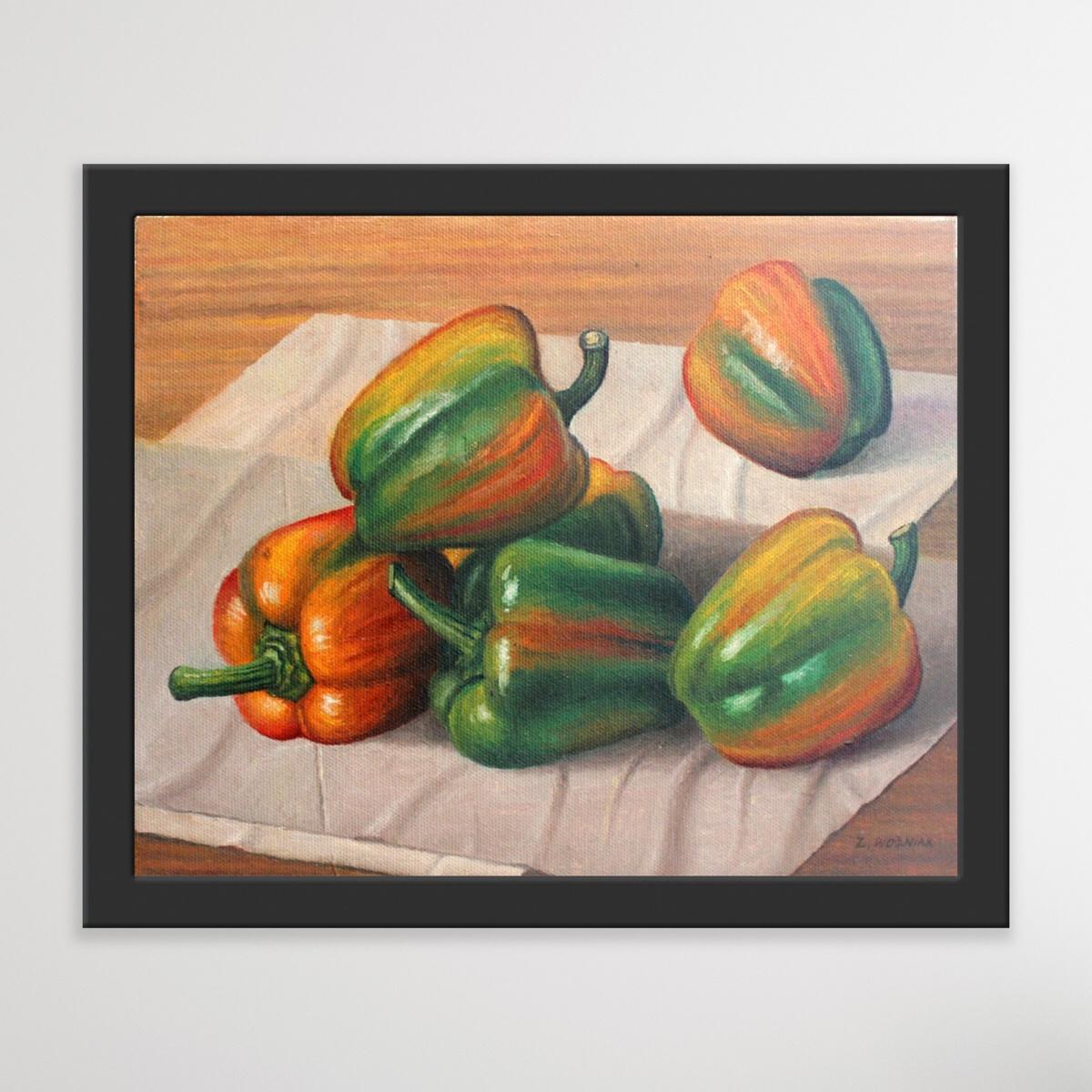 Still life with peppers - Figurative Oil Painting, Realism, Polish art - Brown Still-Life Painting by Zbigniew Wozniak