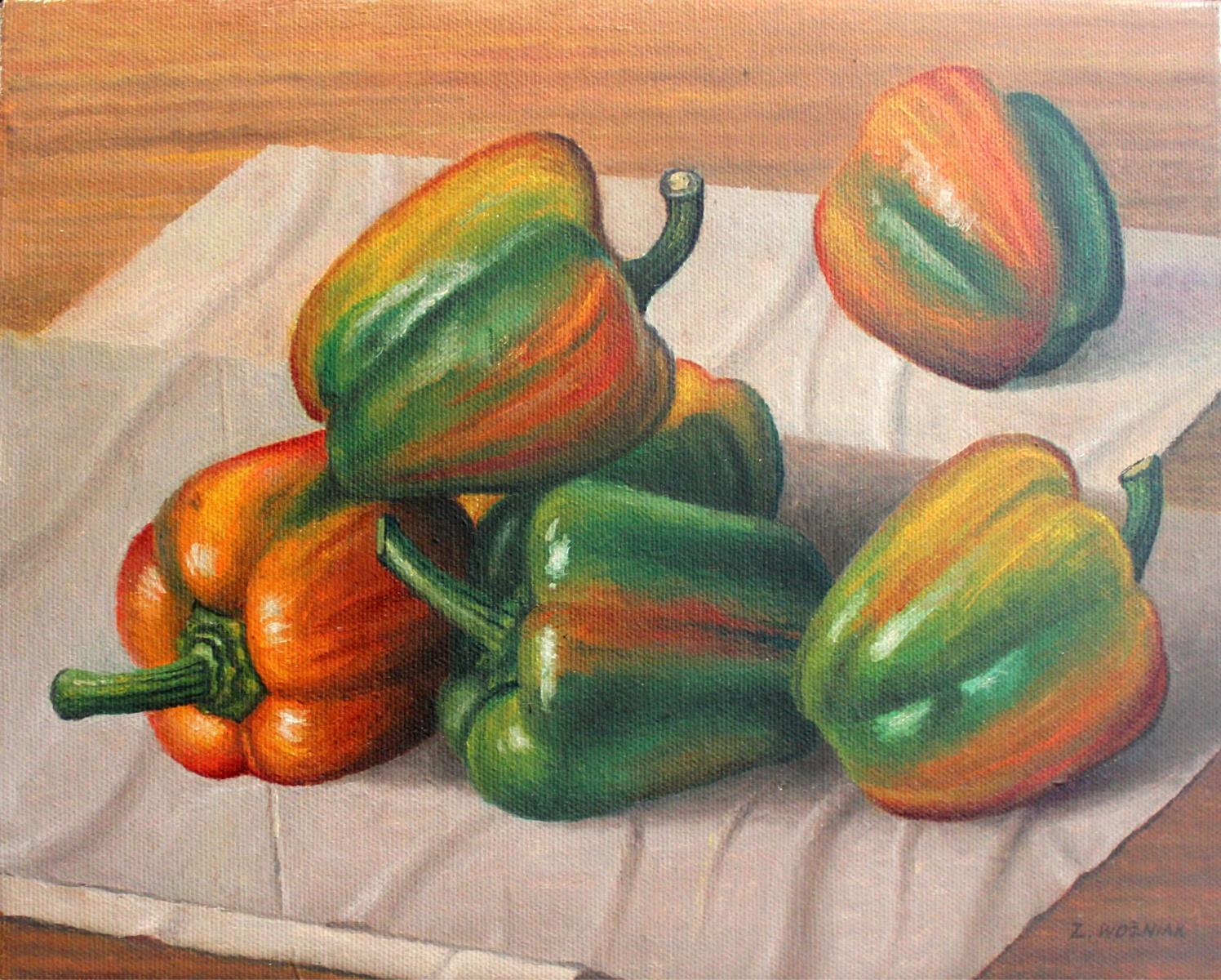 Zbigniew Wozniak Still-Life Painting - Still life with peppers - Figurative Oil Painting, Realism, Polish art