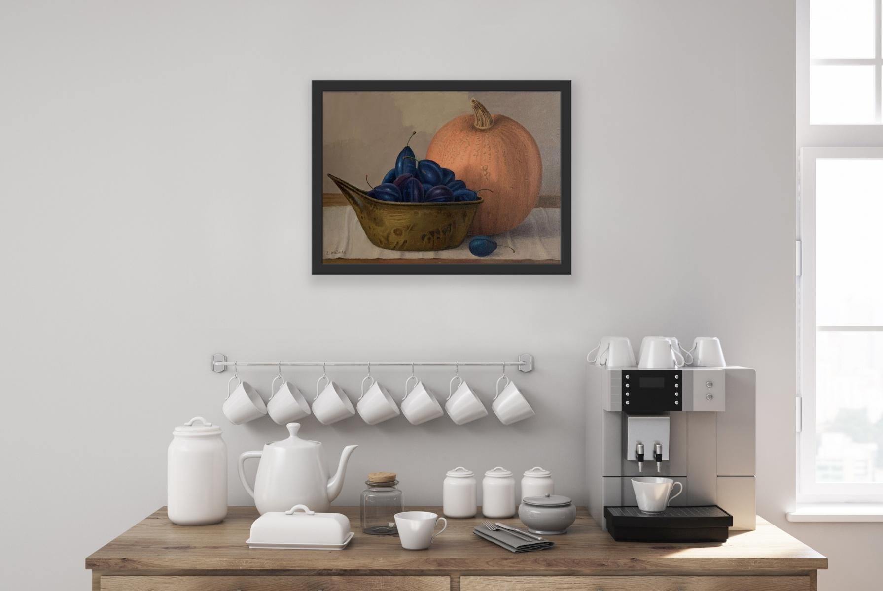 Still life with pumpkin - Figurative Oil Painting, Realism, Polish art - Brown Still-Life Painting by Zbigniew Wozniak