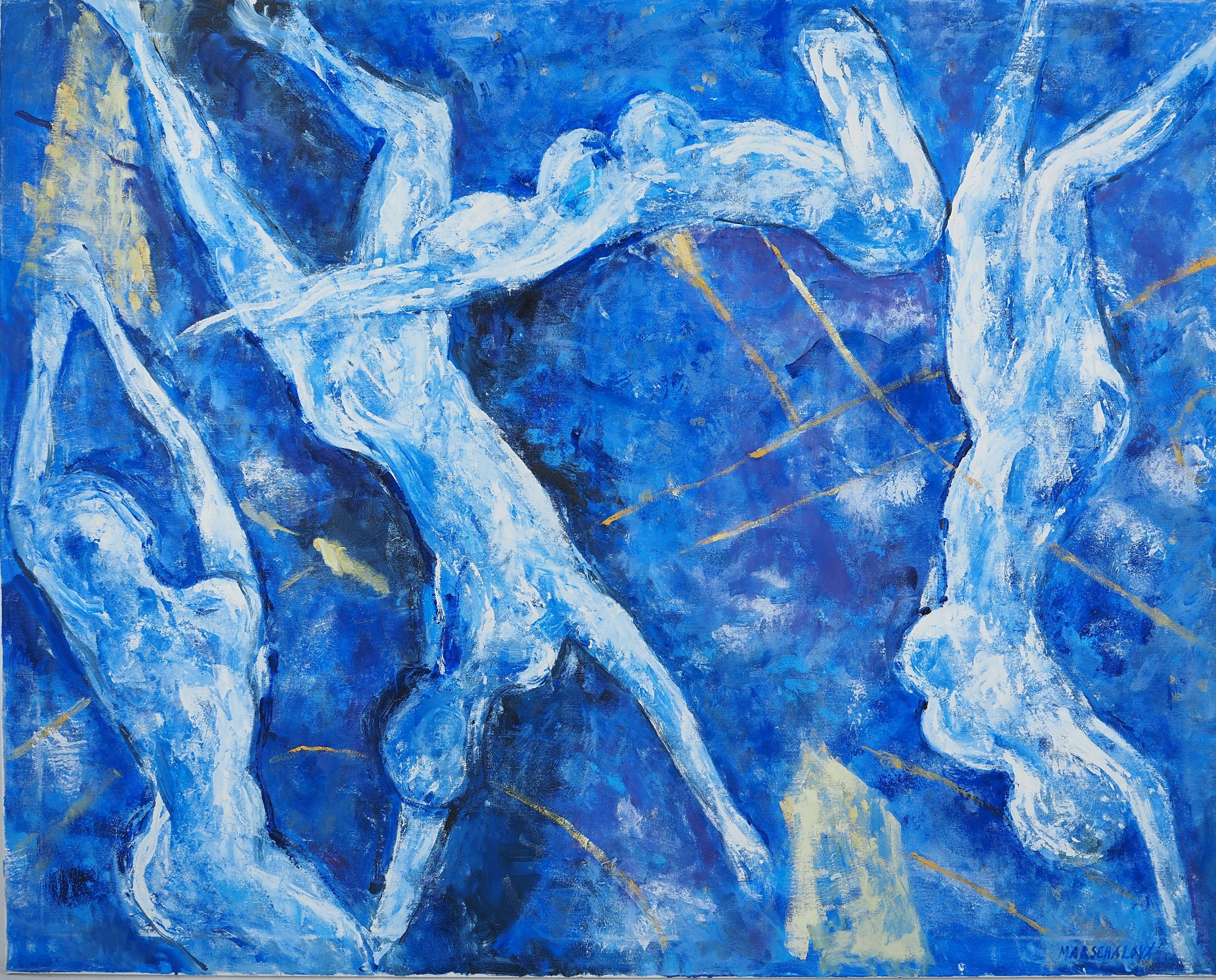 Zdeňka MARSCHALOVÁ Figurative Painting – The Blue Swimmers – Original Ölgemälde auf Leinwand, signiert