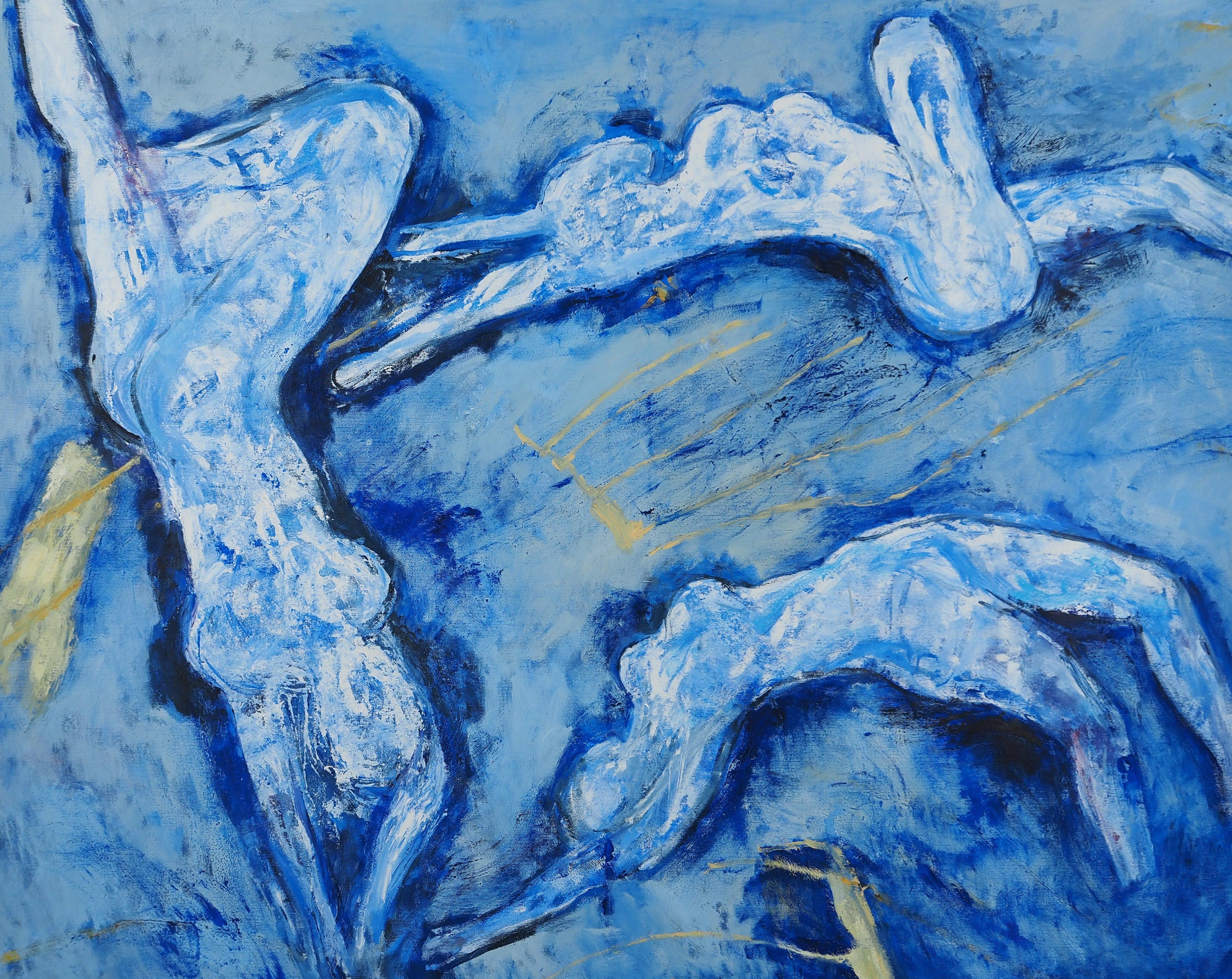 The Dive, Blue Swimmers – Großes Original-Ölgemälde auf Leinwand, signiert – Painting von Zdeňka MARSCHALOVÁ