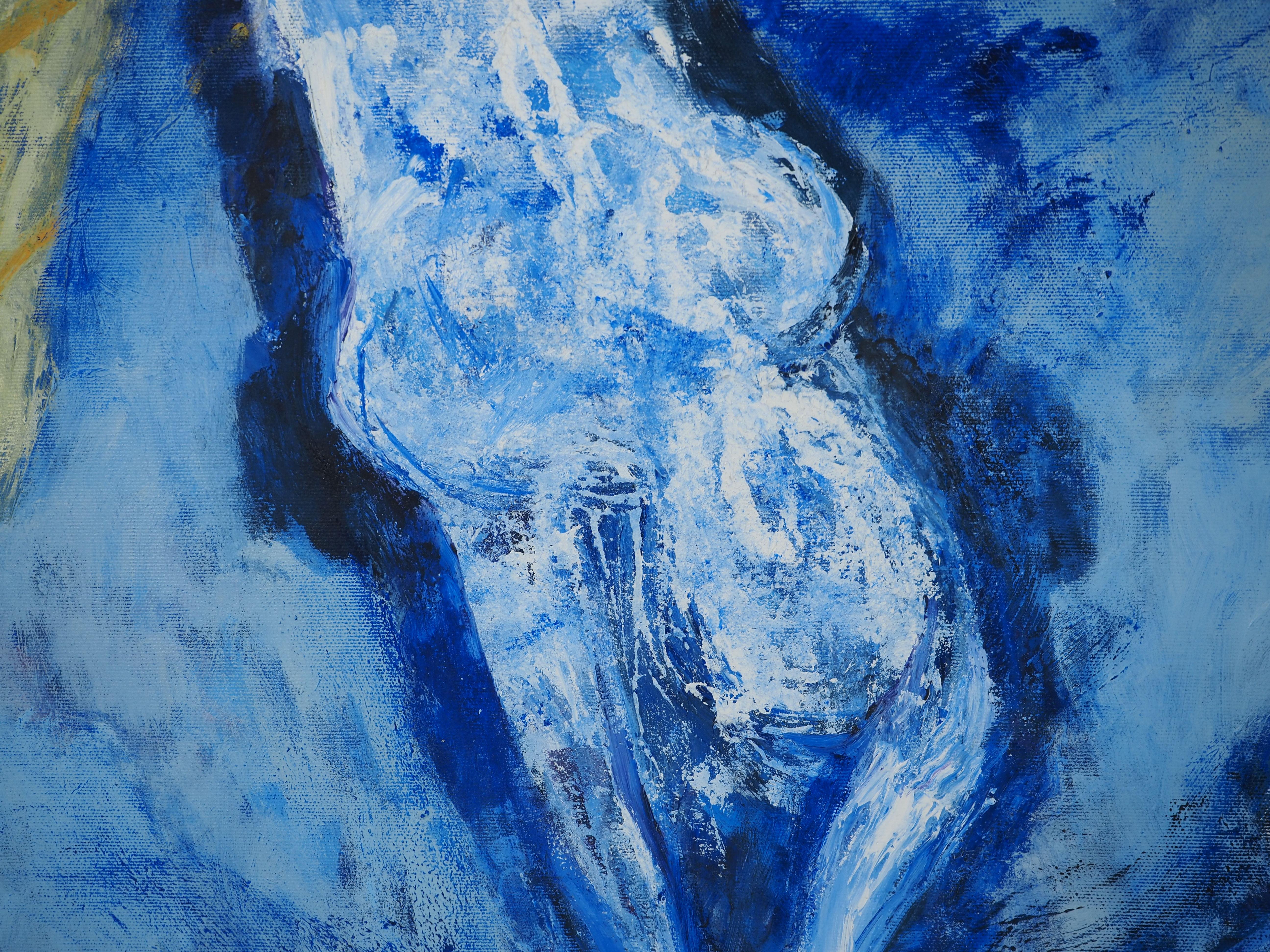The Dive, Blue Swimmers – Großes Original-Ölgemälde auf Leinwand, signiert (Blau), Figurative Painting, von Zdeňka MARSCHALOVÁ