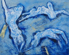 The Dive, Blue Swimmers - Tall Original Oil on canvas, SIGNED