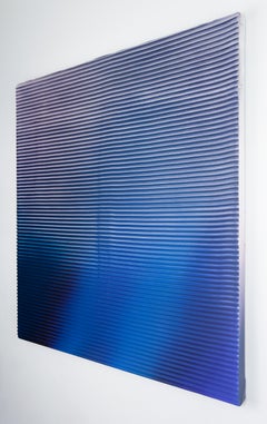 Display No 34 - Striped, geometric, white and blue, minimal, abstract painting