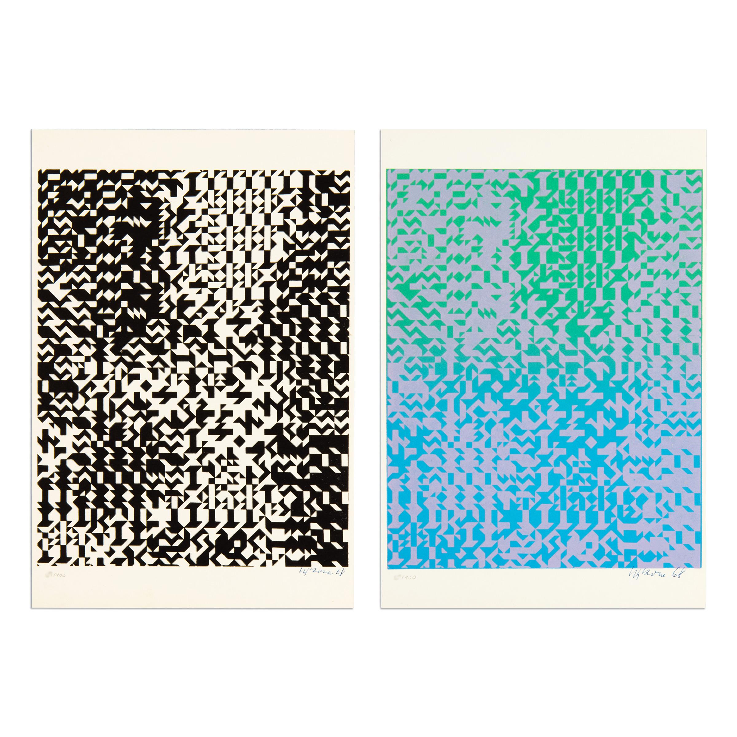 Zdeněk Sýkora (tchèque, 1920-2011)
Sans titre (extrait de Folgende Folge aus dem Tschechischem), 1969
Support : 2 sérigraphies sur papier (catalogue inclus)
Dimensions : 12 2/5 × 8 3/10 in (31.4 × 21 cm)
Edition de 100 exemplaires : signés et