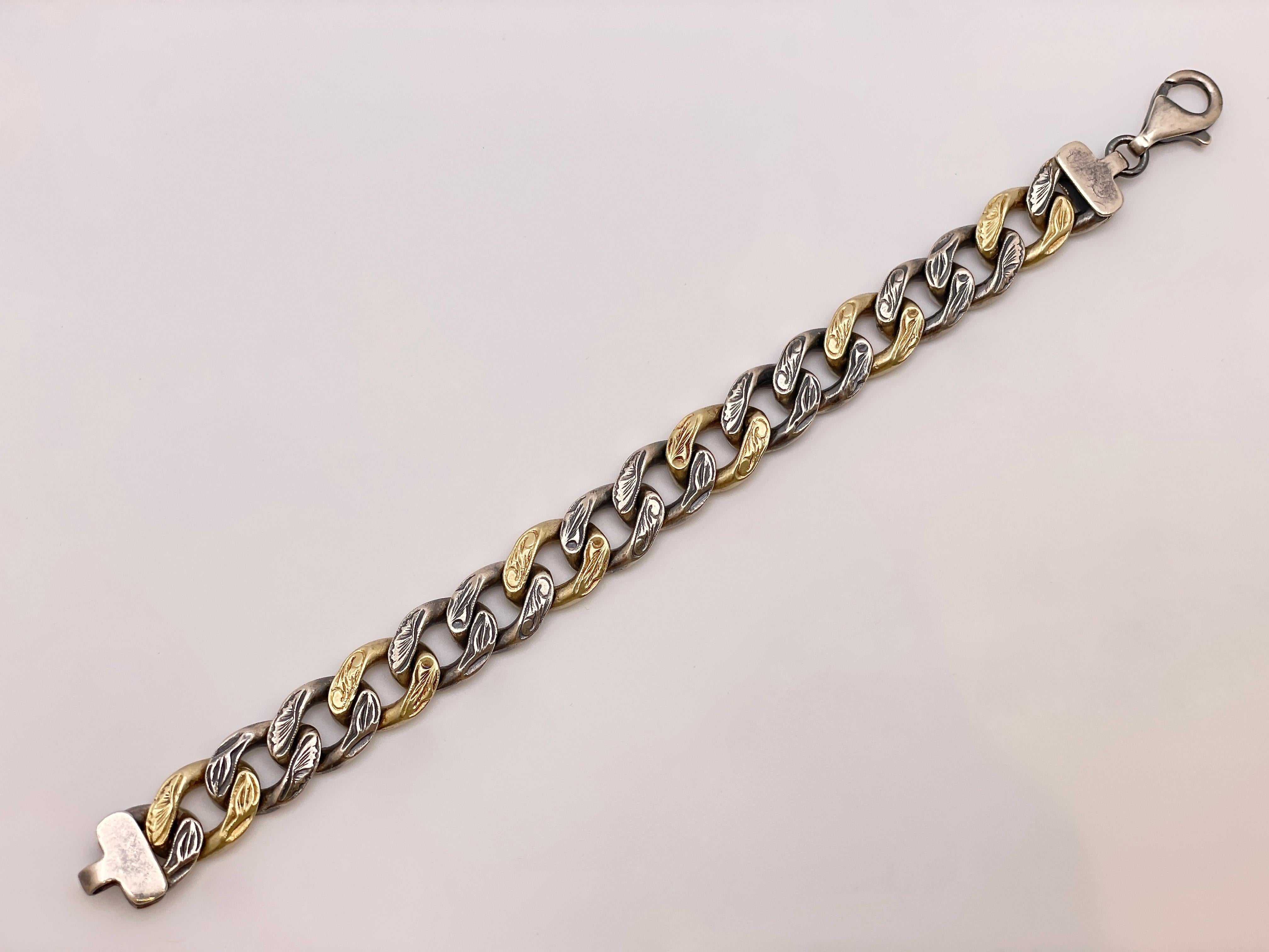 14K Yellow Gold Silver Two Tone ZDNY Gothic Bracelet In Excellent Condition For Sale In Westport, CT