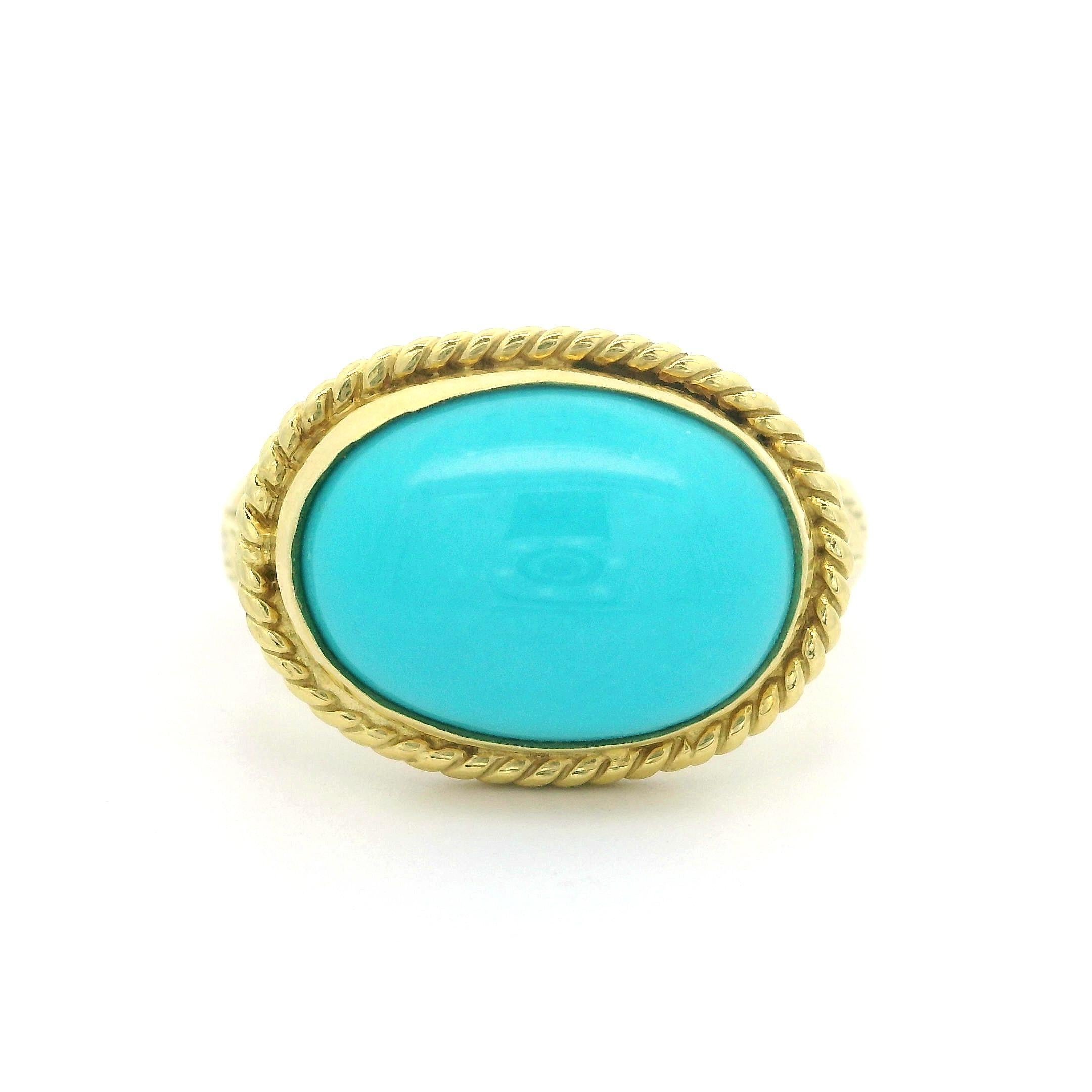 -Stein(e)-
(1) Natürlicher echter Türkis - Ovaler Cabochon-Schliff - Lünettenfassung - Farbe Dornröschenblau - 13,4x9,9 mm (ca.)

MATERIAL: Massives 18k Gelbgold
Gewicht: 9,53 Gramm
Ringgröße: 6.0 (passt auf den Finger, bitte kontaktieren Sie uns