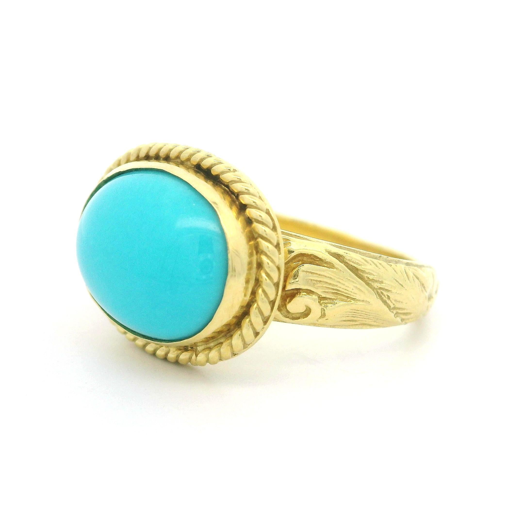 ZDNY 18k Gold Türkis Handgravur-Ring mit Blattschnörkeln und seitlicher Lünette, Sideway-Lünette (Cabochon) im Angebot
