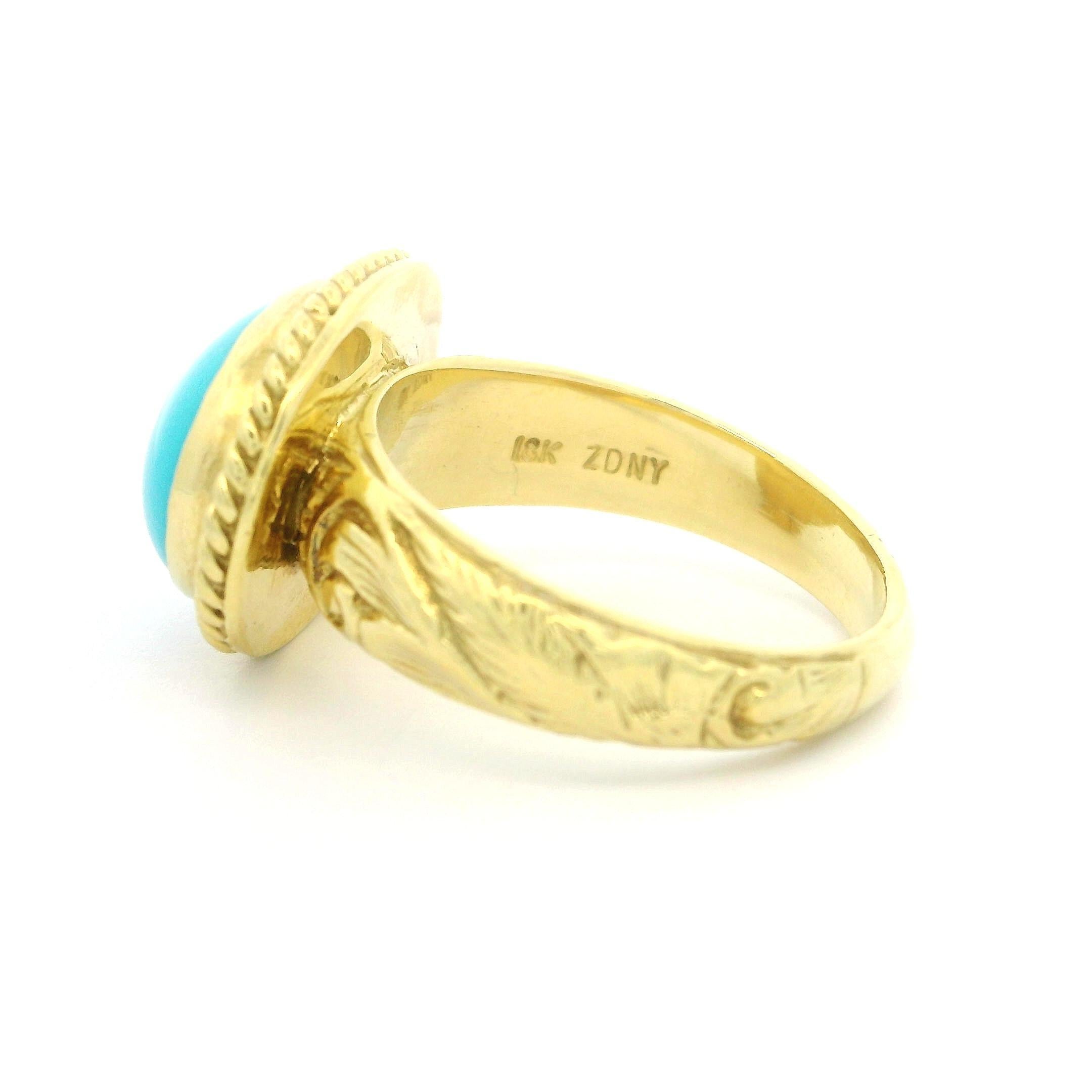 ZDNY 18k Gold Türkis Handgravur-Ring mit Blattschnörkeln und seitlicher Lünette, Sideway-Lünette im Zustand „Hervorragend“ im Angebot in Montclair, NJ