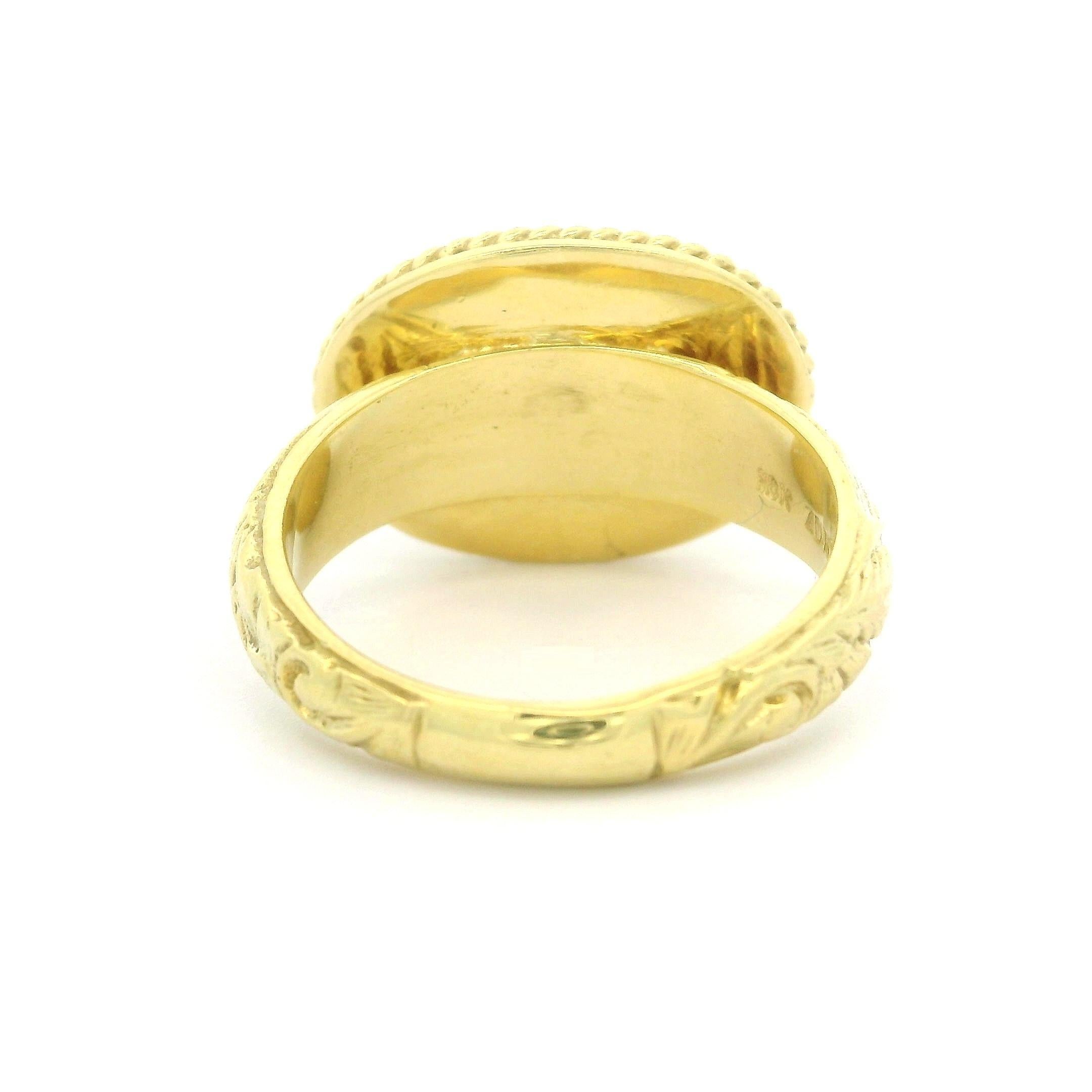 ZDNY 18k Gold Türkis Handgravur-Ring mit Blattschnörkeln und seitlicher Lünette, Sideway-Lünette Damen im Angebot