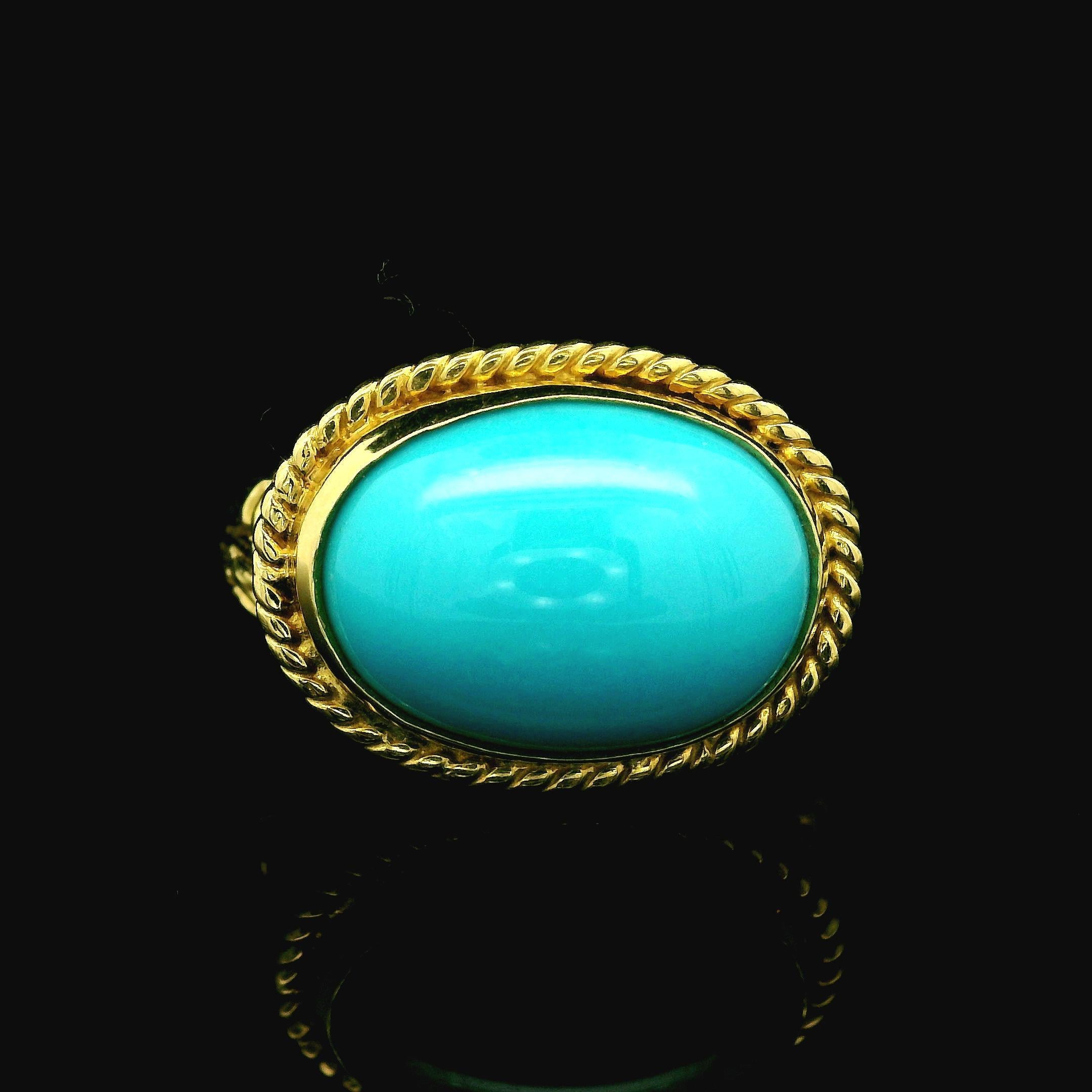 ZDNY 18k Gold Türkis Handgravur-Ring mit Blattschnörkeln und seitlicher Lünette, Sideway-Lünette im Angebot 1