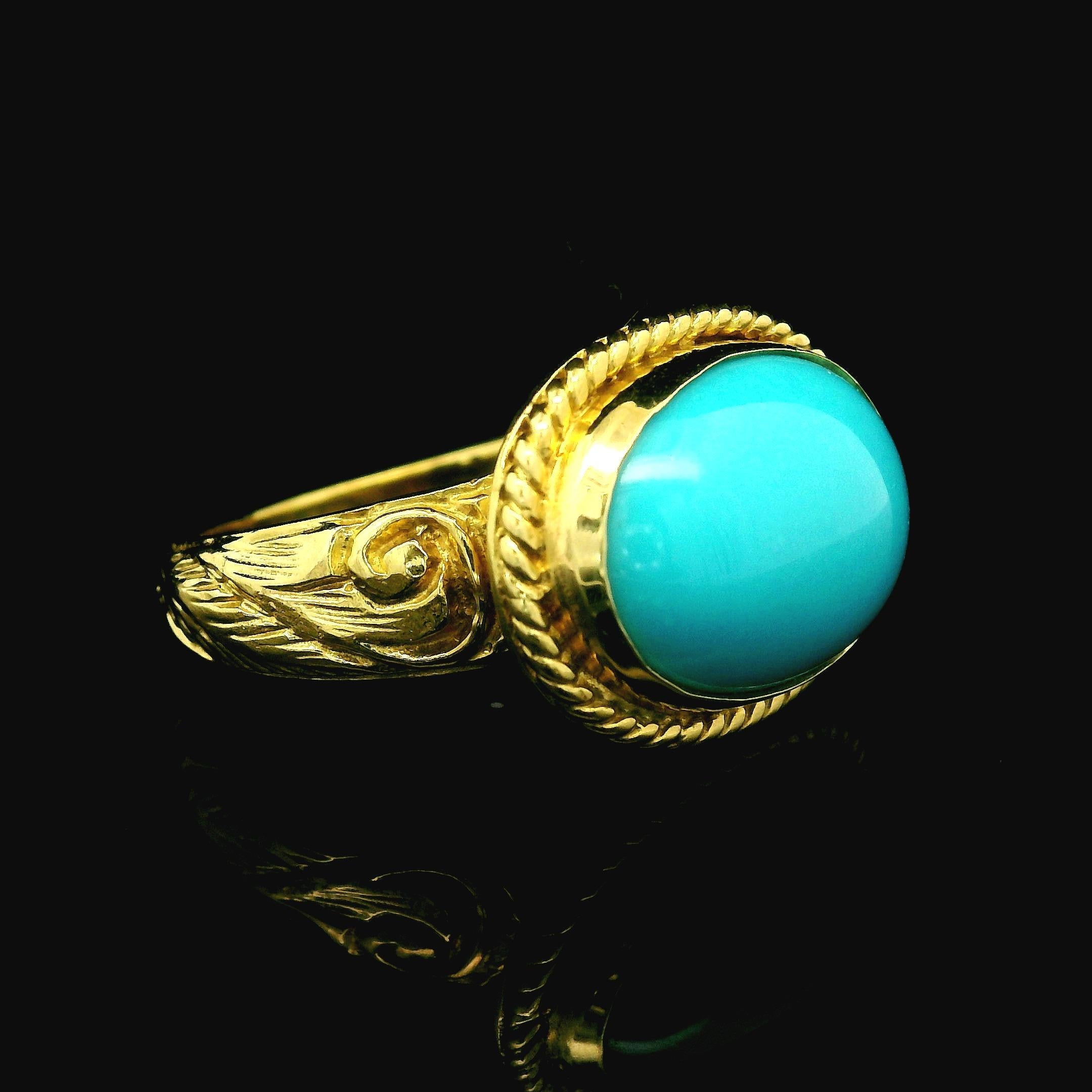 ZDNY 18k Gold Türkis Handgravur-Ring mit Blattschnörkeln und seitlicher Lünette, Sideway-Lünette im Angebot 2