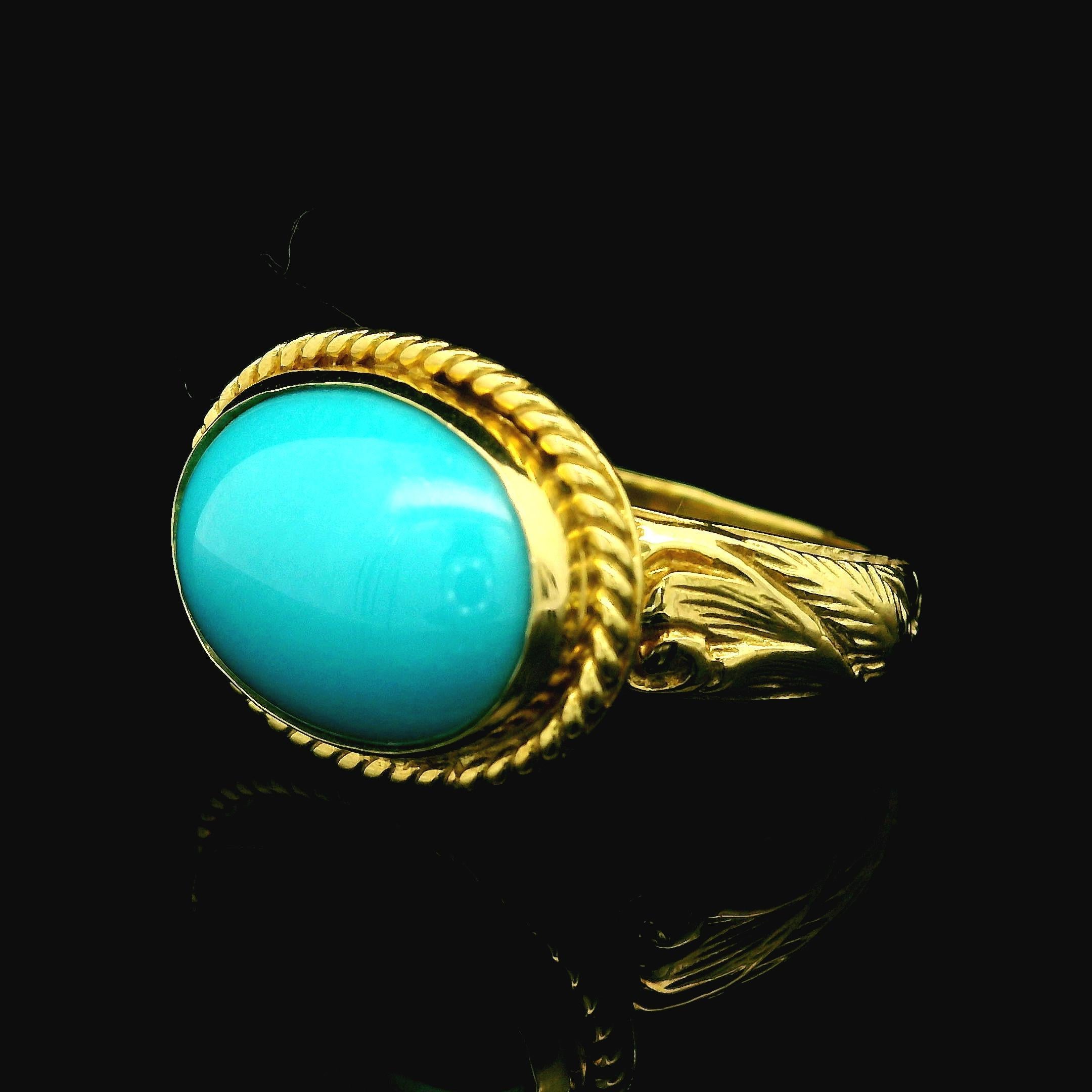 ZDNY 18k Gold Türkis Handgravur-Ring mit Blattschnörkeln und seitlicher Lünette, Sideway-Lünette im Angebot 3