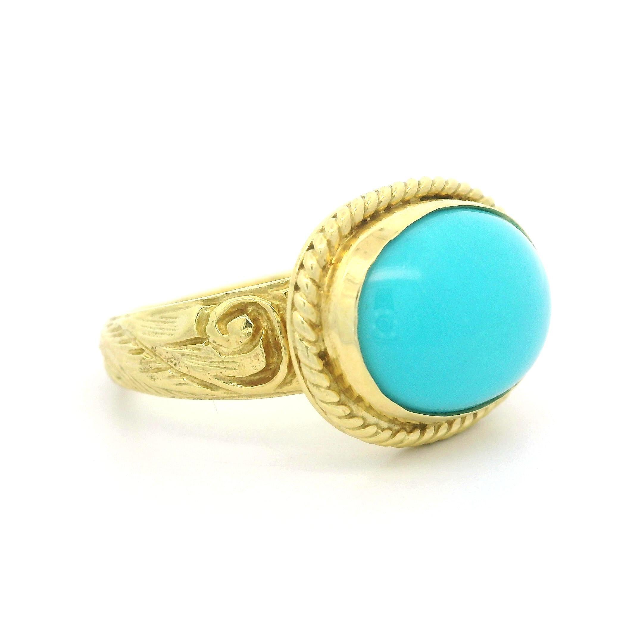 ZDNY 18k Gold Türkis Handgravur-Ring mit Blattschnörkeln und seitlicher Lünette, Sideway-Lünette im Angebot 4