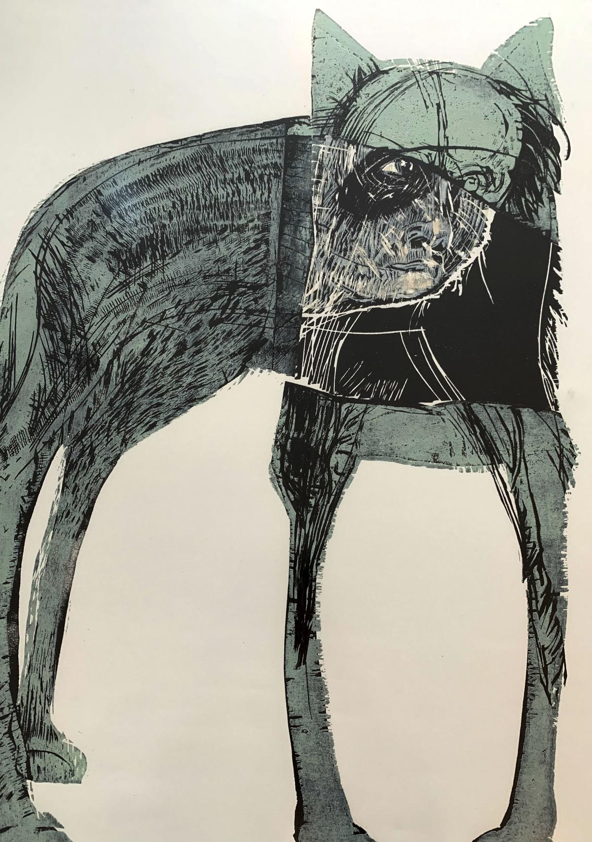 Dogs 2 - Contemporary Woodcut Print, Figurative, Black & white, Polish artist For Sale 1