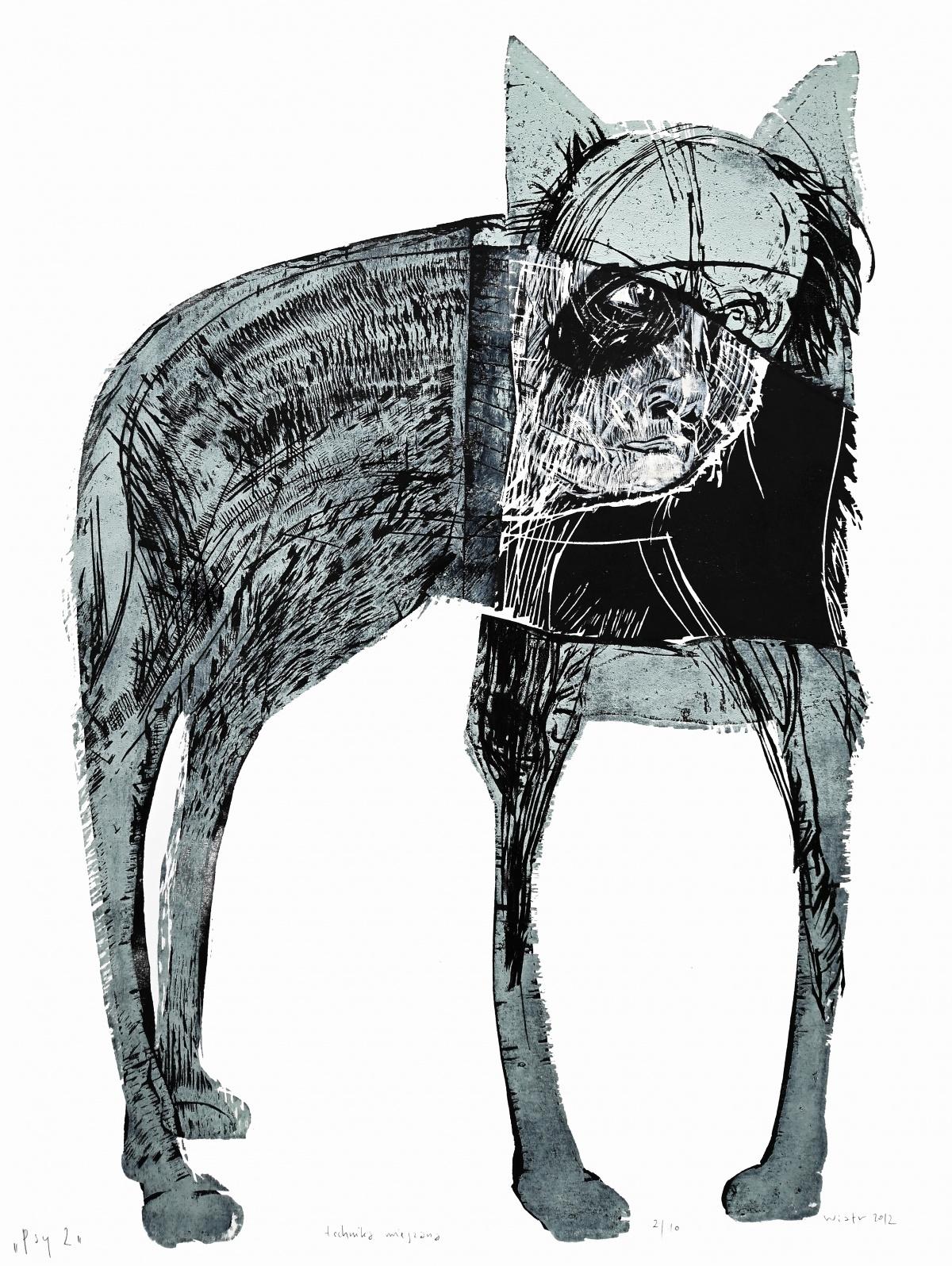 Perros 2 - Grabado xilográfico contemporáneo, Figurativo, Blanco y negro, Artista polaco