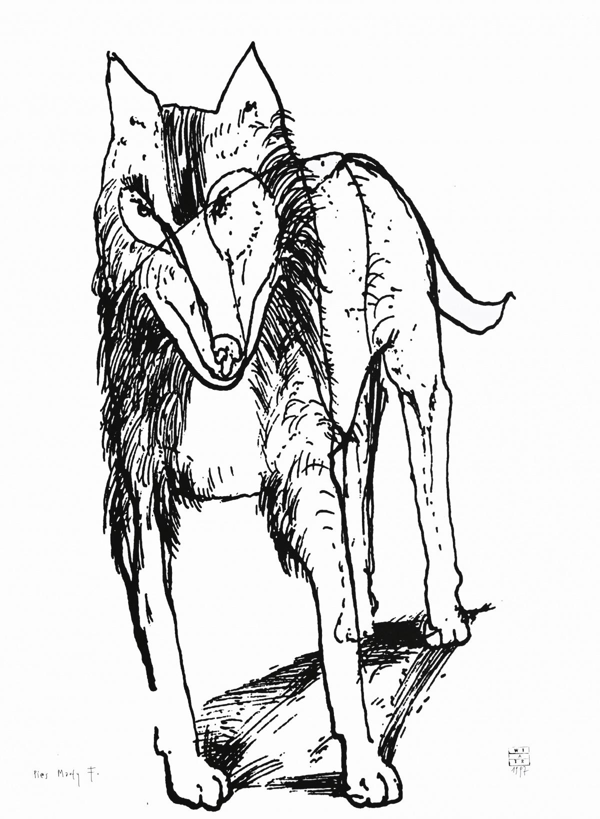 El perro de Marta F - Grabado Contemporáneo, Figurativo, Blanco y negro, Artista polaca