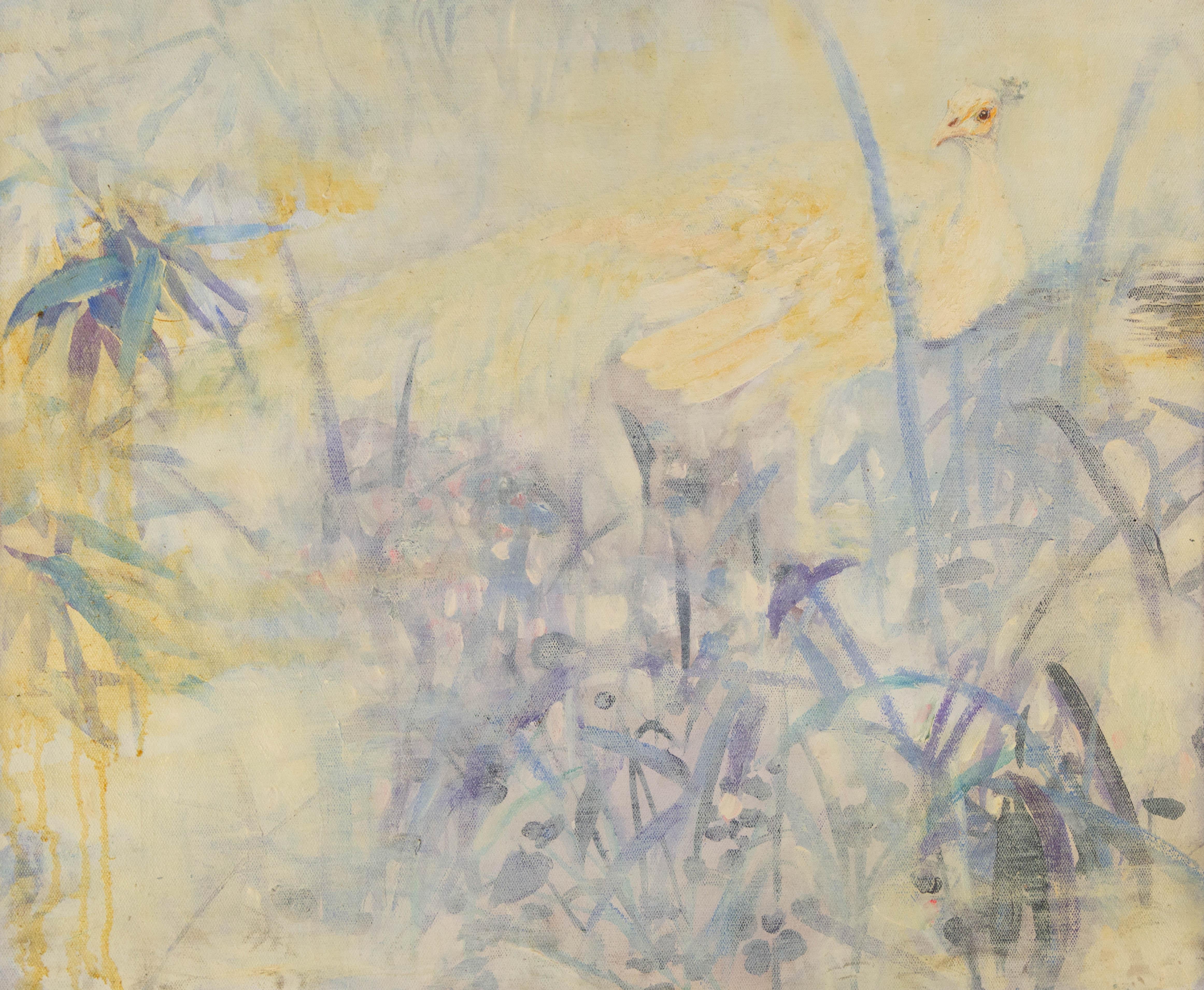  Title: Bamboo & Sparrow
 Medium: Oil on canvas
 Size: 20 x 23.5 inches
 Frame: Framing options available!
 Condition: The painting appears to be in excellent condition.
 Note: This painting is unstretched
 Year: 2012
 Artist: Ze He
 Signature: