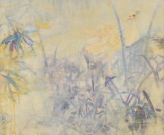 Ze He, huile sur toile originale abstraite "Bamboo & Sparrow",