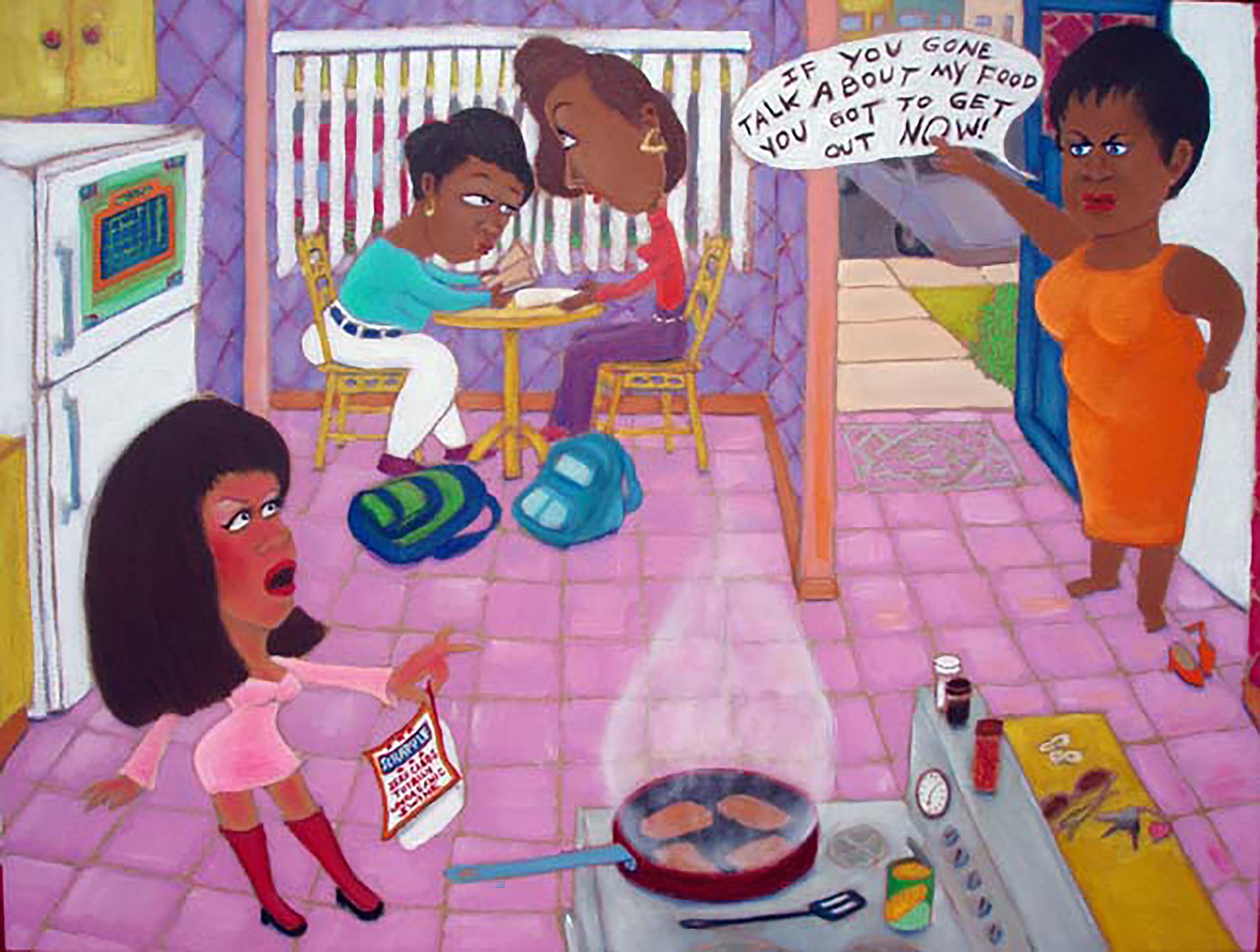 "Talk about My Food" oil on board - Painting by Zeal Harris