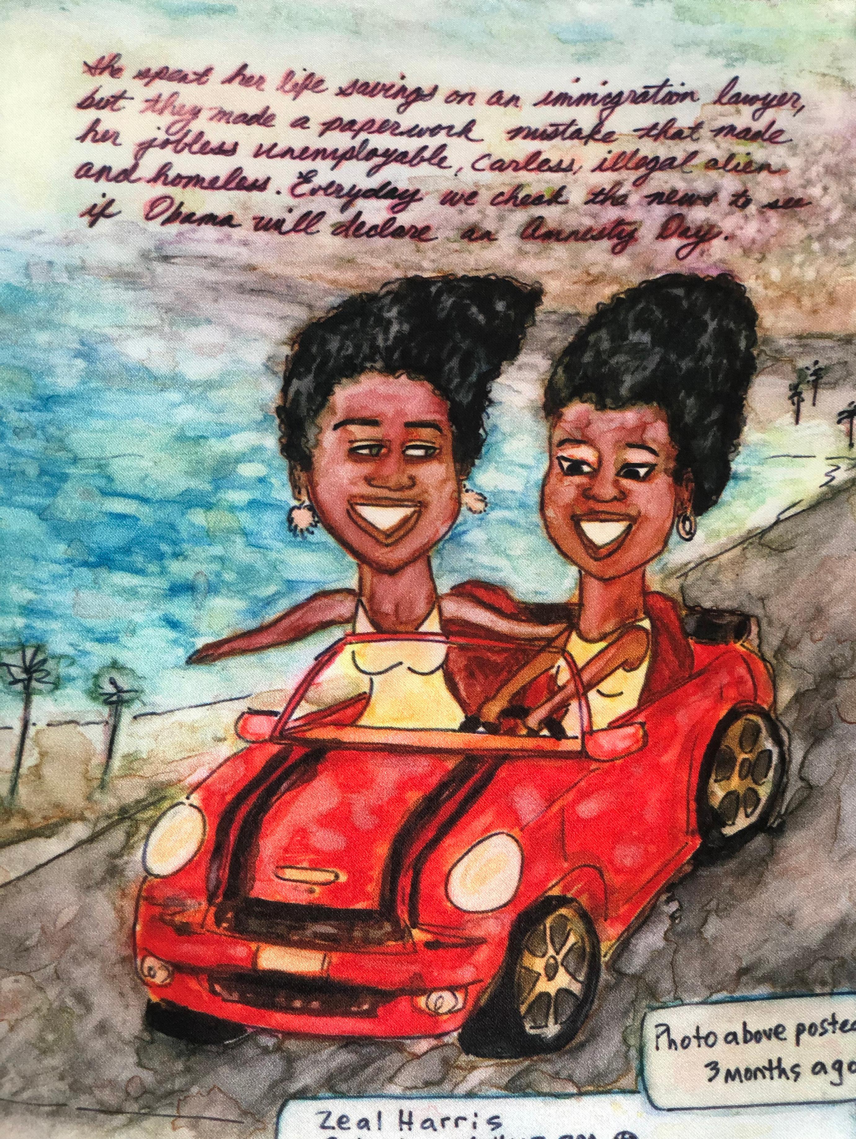 Zeal Harris is known for creating seductive, caricaturesque, political, urban-vernacular, story paintings, with a blunt mix of high-brow/low-brow elements. Her micro-narratives offer socio-political commentary about a range of larger issues that