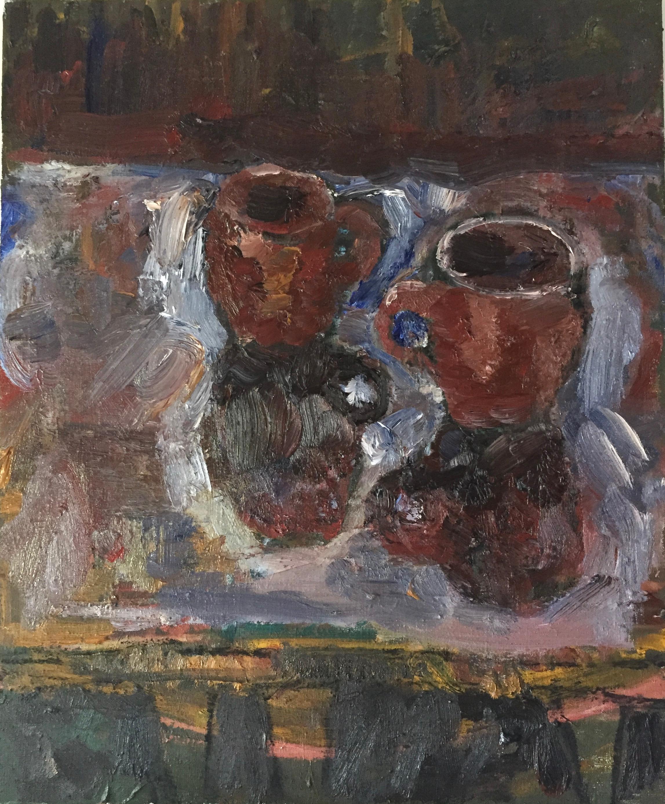 ZEBEDEE JONES Abstract Painting - 'STILL LIFE TWO MUGS', 2020 Oil on board 51 x 61 cm Signed and dated verso