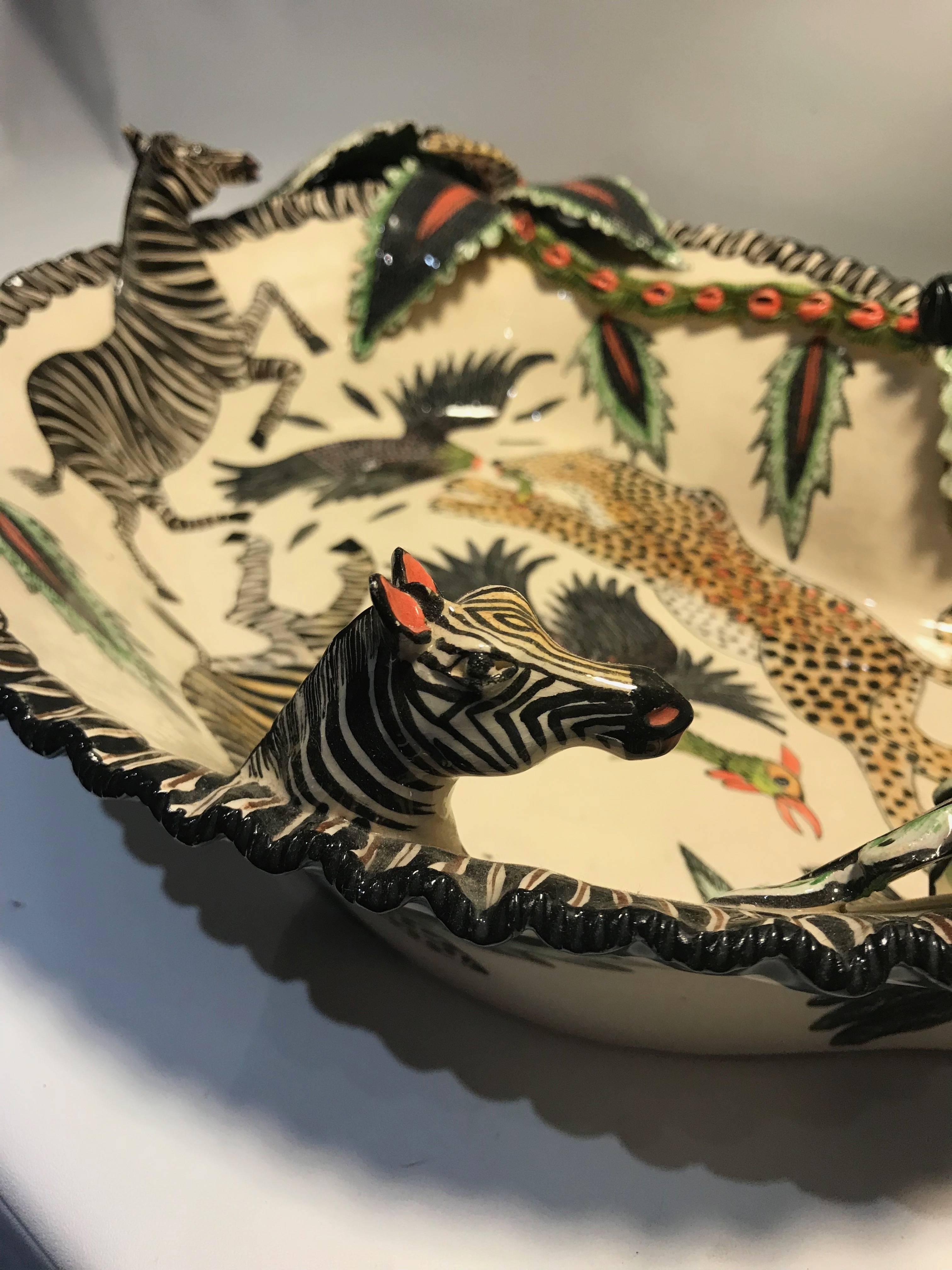 Folk Art Zebra and Leopard Decorative Dish or Bowl by Ardmore Ceramics, South Africa