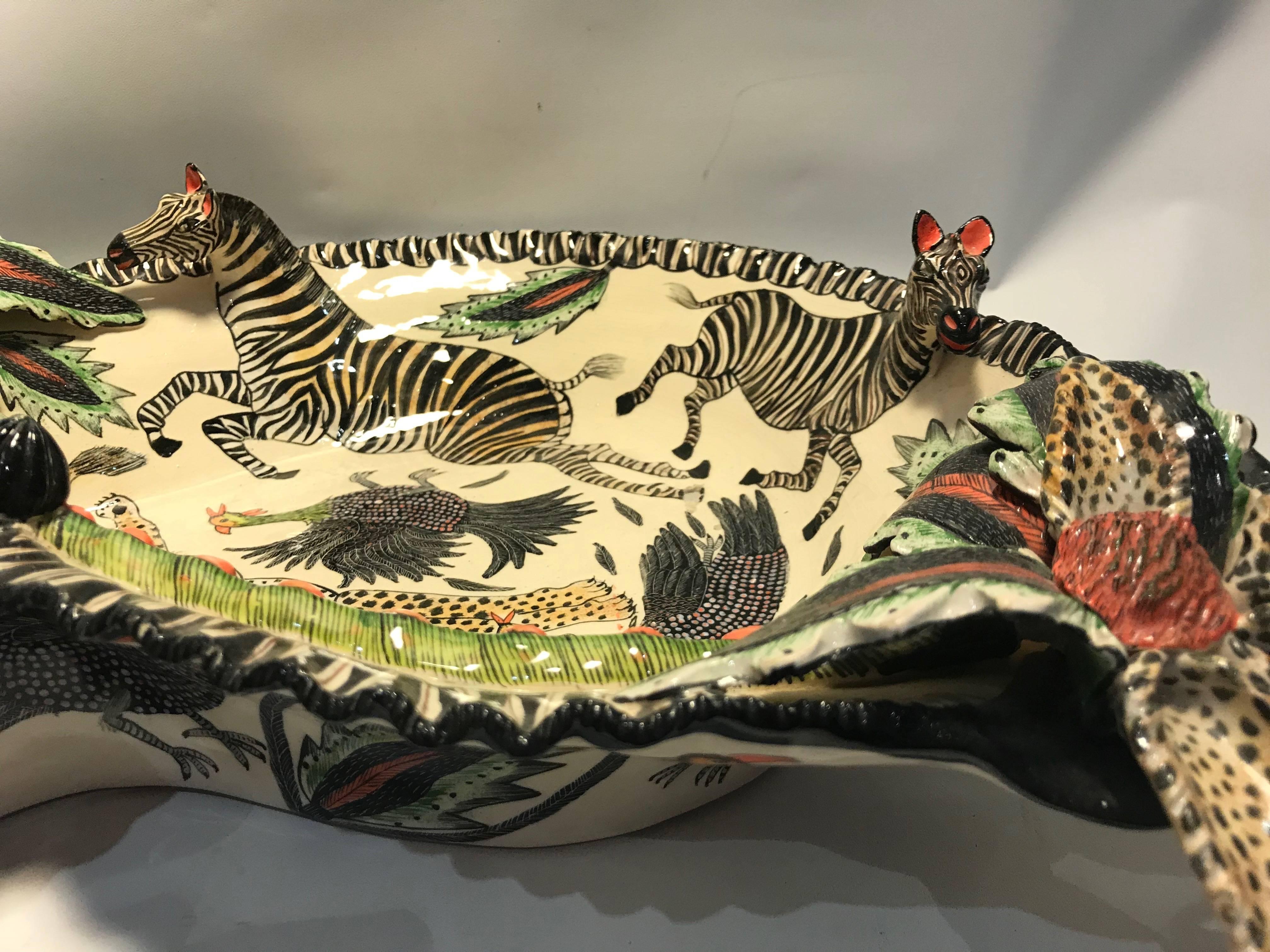 South African Zebra and Leopard Decorative Dish or Bowl by Ardmore Ceramics, South Africa