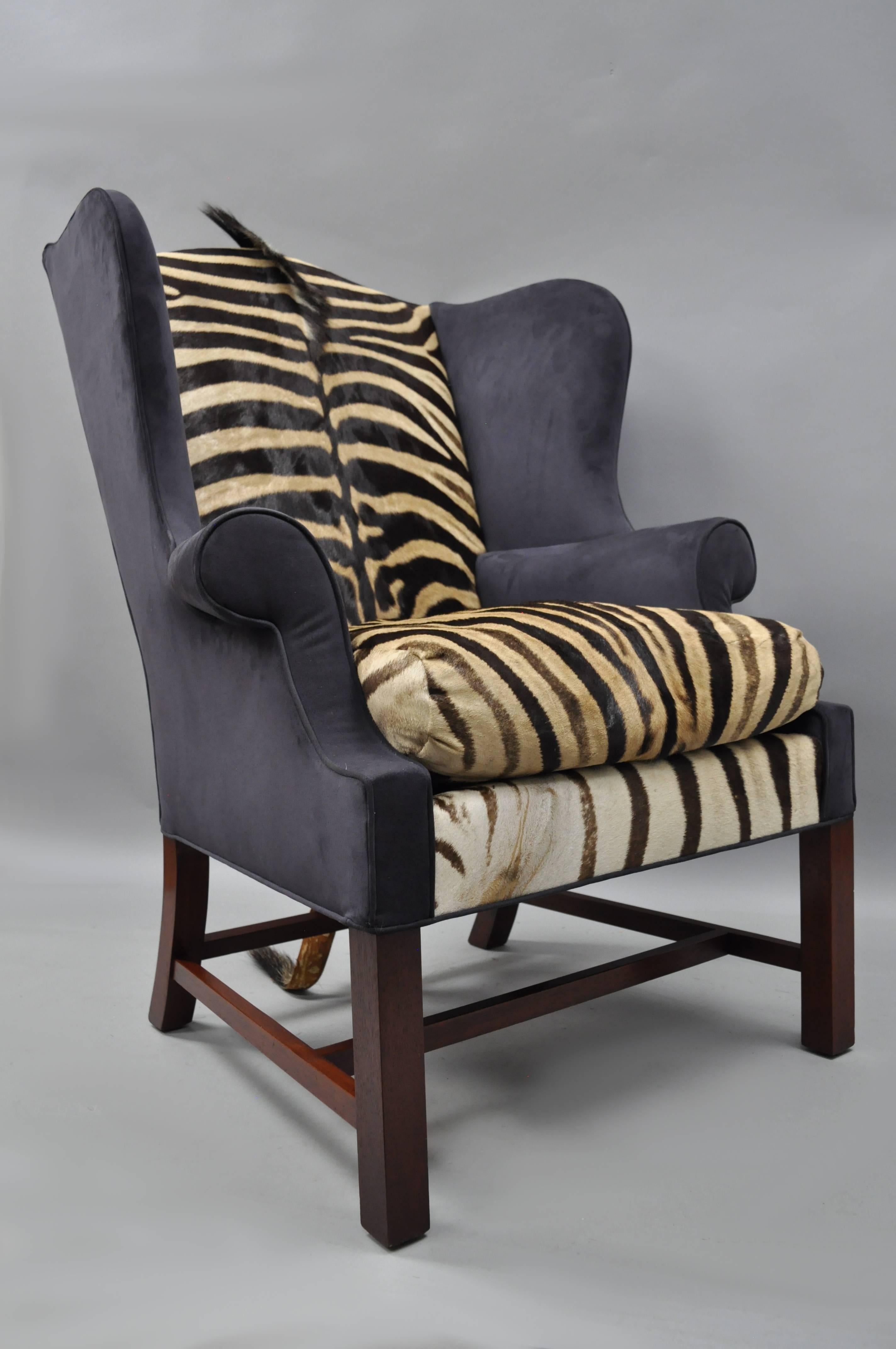 Zebra Hide Blue Suede Mahogany English Georgian Style Wingback Library Chair For Sale 3