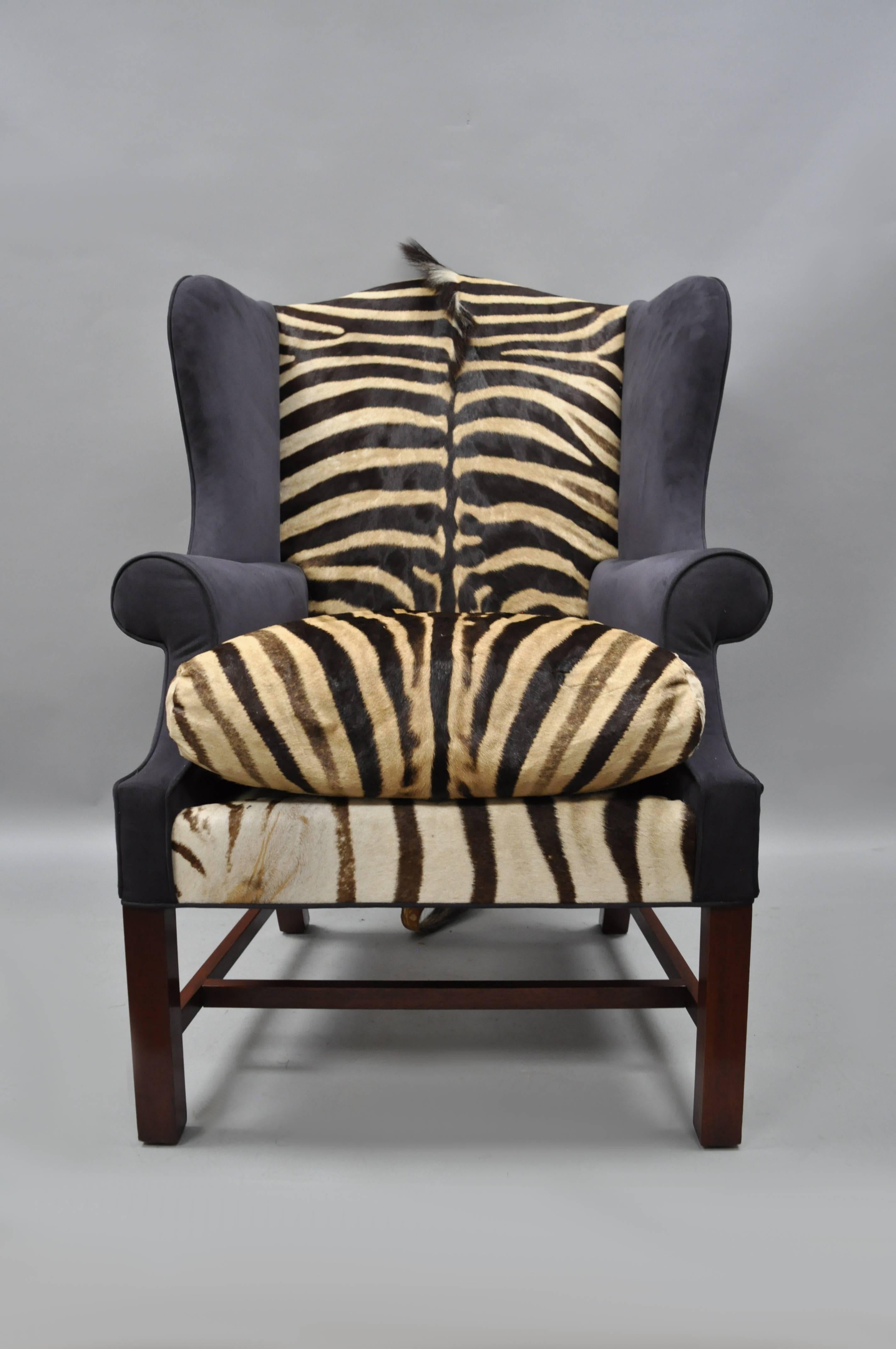 George III Zebra Hide Blue Suede Mahogany English Georgian Style Wingback Library Chair For Sale