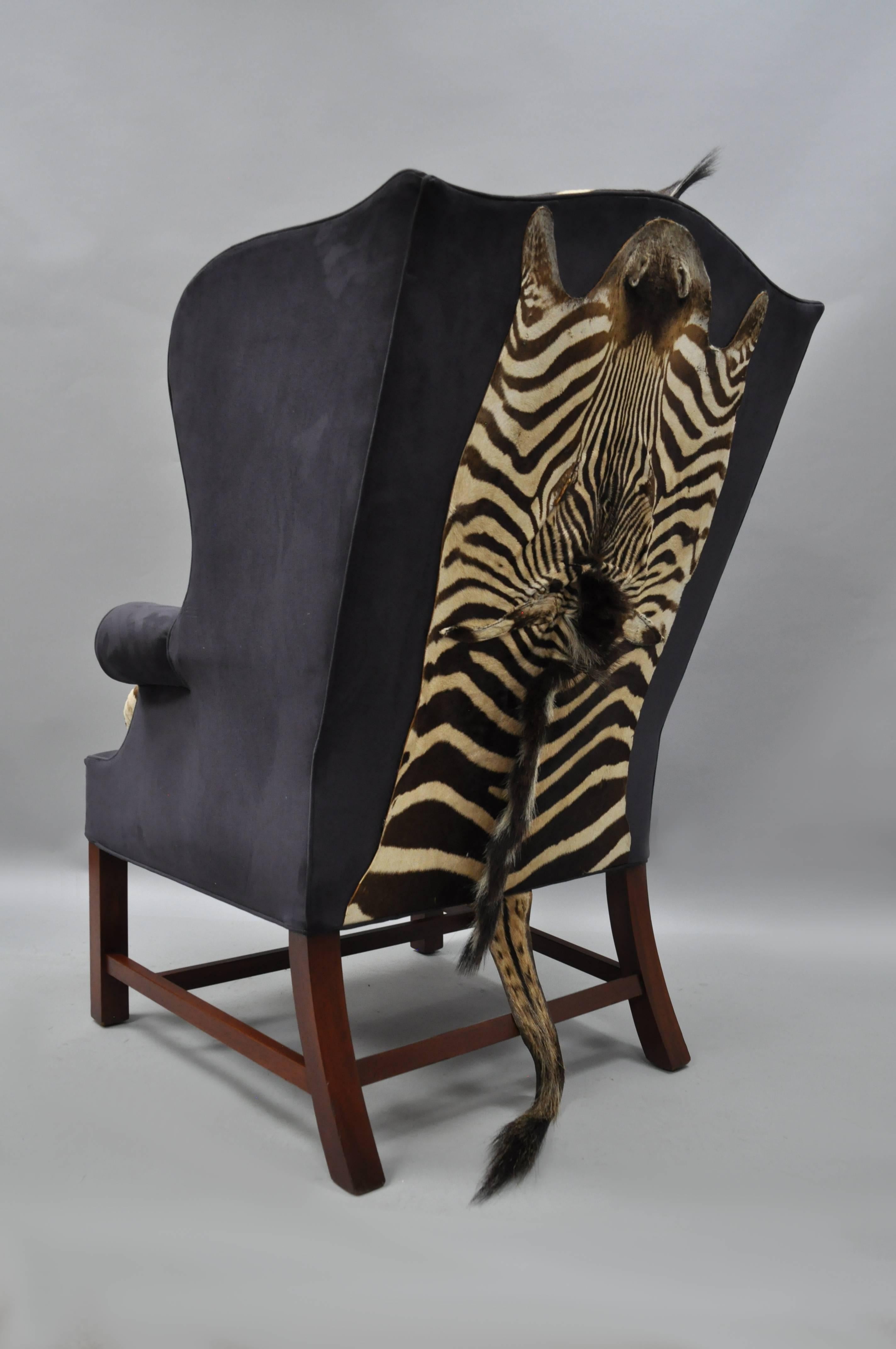 Zebra Hide Blue Suede Mahogany English Georgian Style Wingback Library Chair In Excellent Condition For Sale In Philadelphia, PA