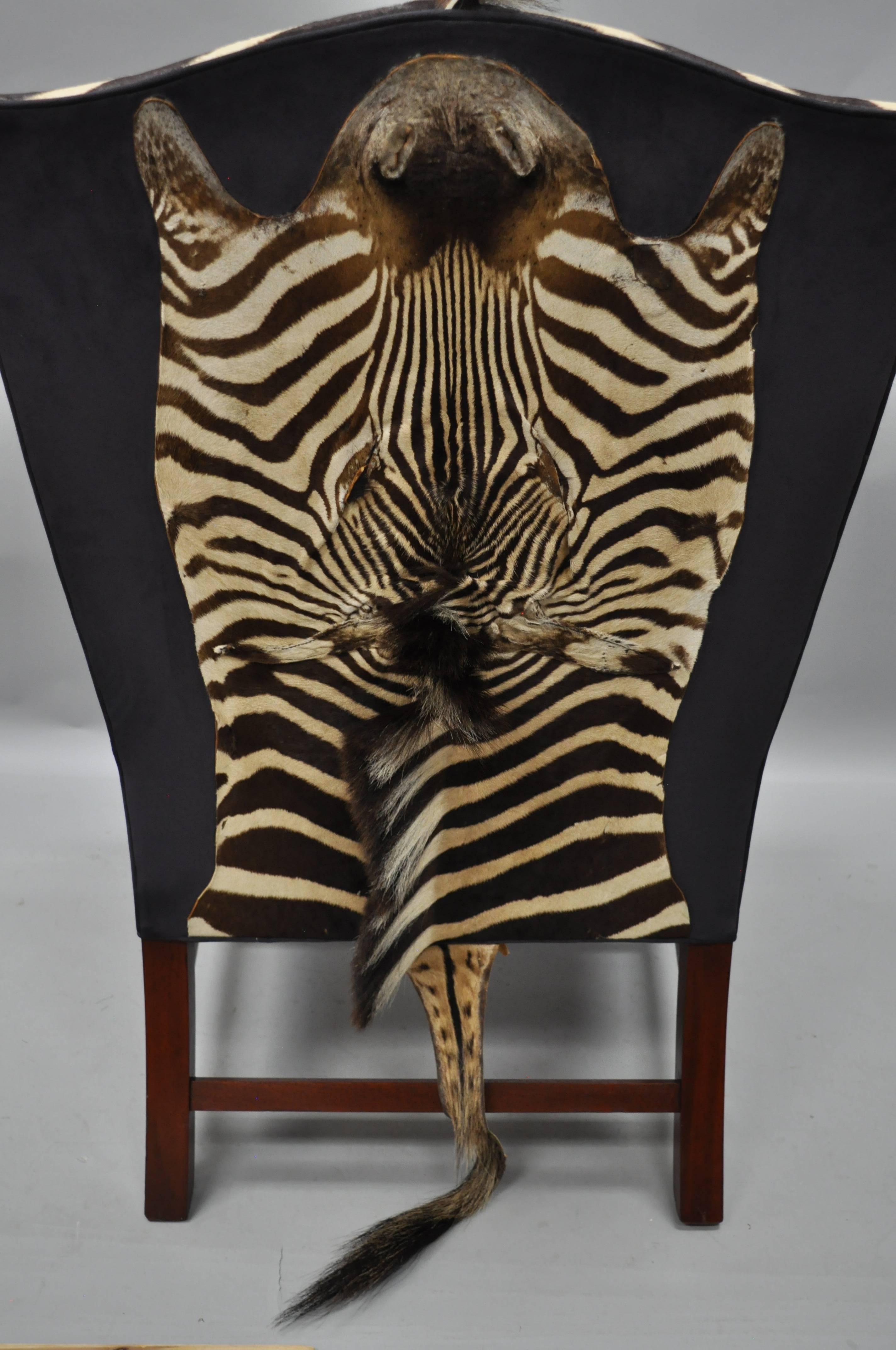 20th Century Zebra Hide Blue Suede Mahogany English Georgian Style Wingback Library Chair For Sale