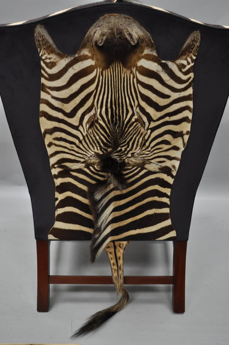 Zebra Hide Blue Suede Mahogany English Style Wingback Library