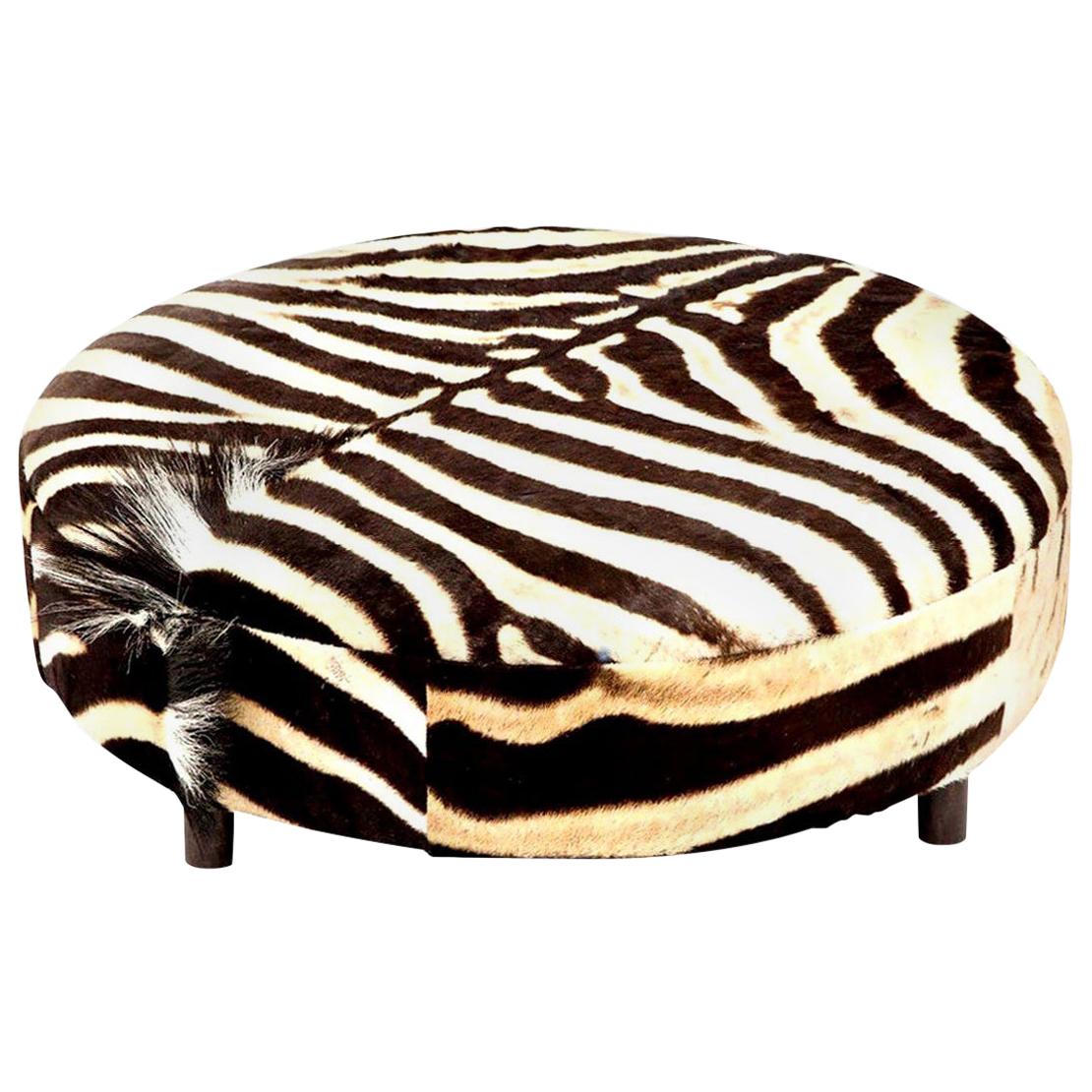 Zebra Hide Ottoman, Chocolate, Round, New Ottoman, Two Ottomans in