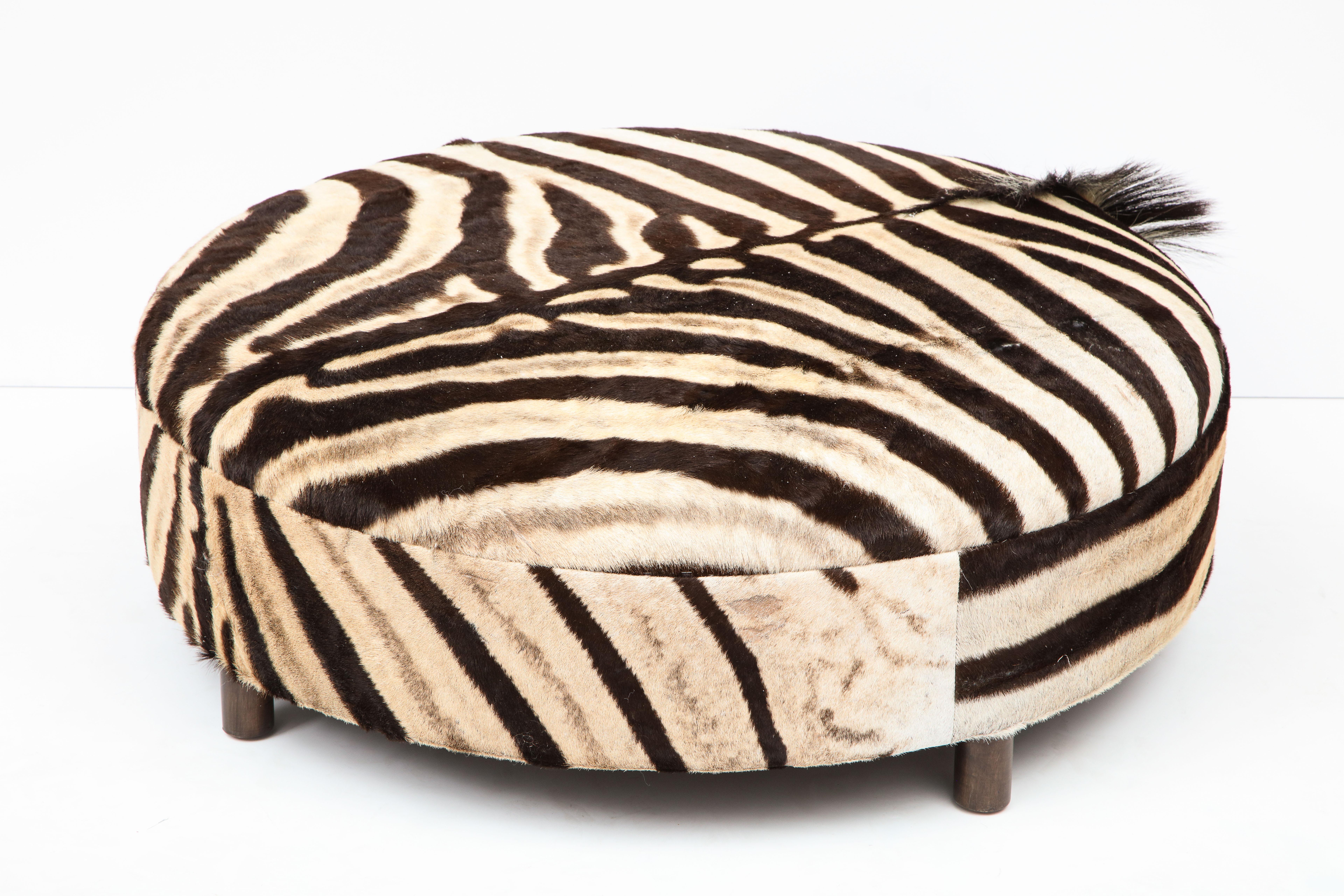 Zebra Hide Ottoman, Chocolate & Cream, Round, Contemporary, New Hides, USA Made For Sale 1