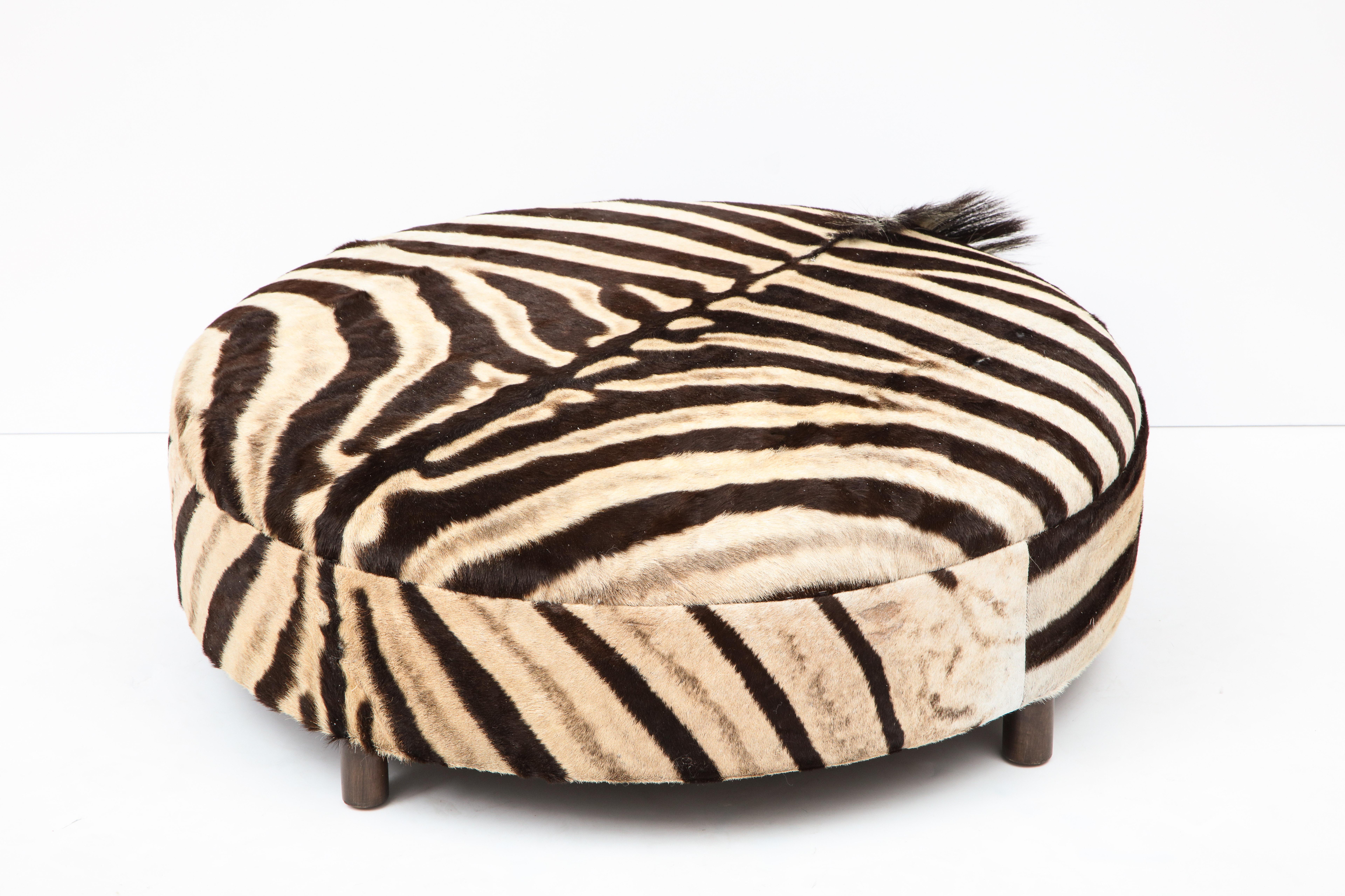 Zebra Hide Ottoman, Chocolate & Cream, Round, Contemporary, New Hides, USA Made For Sale 2