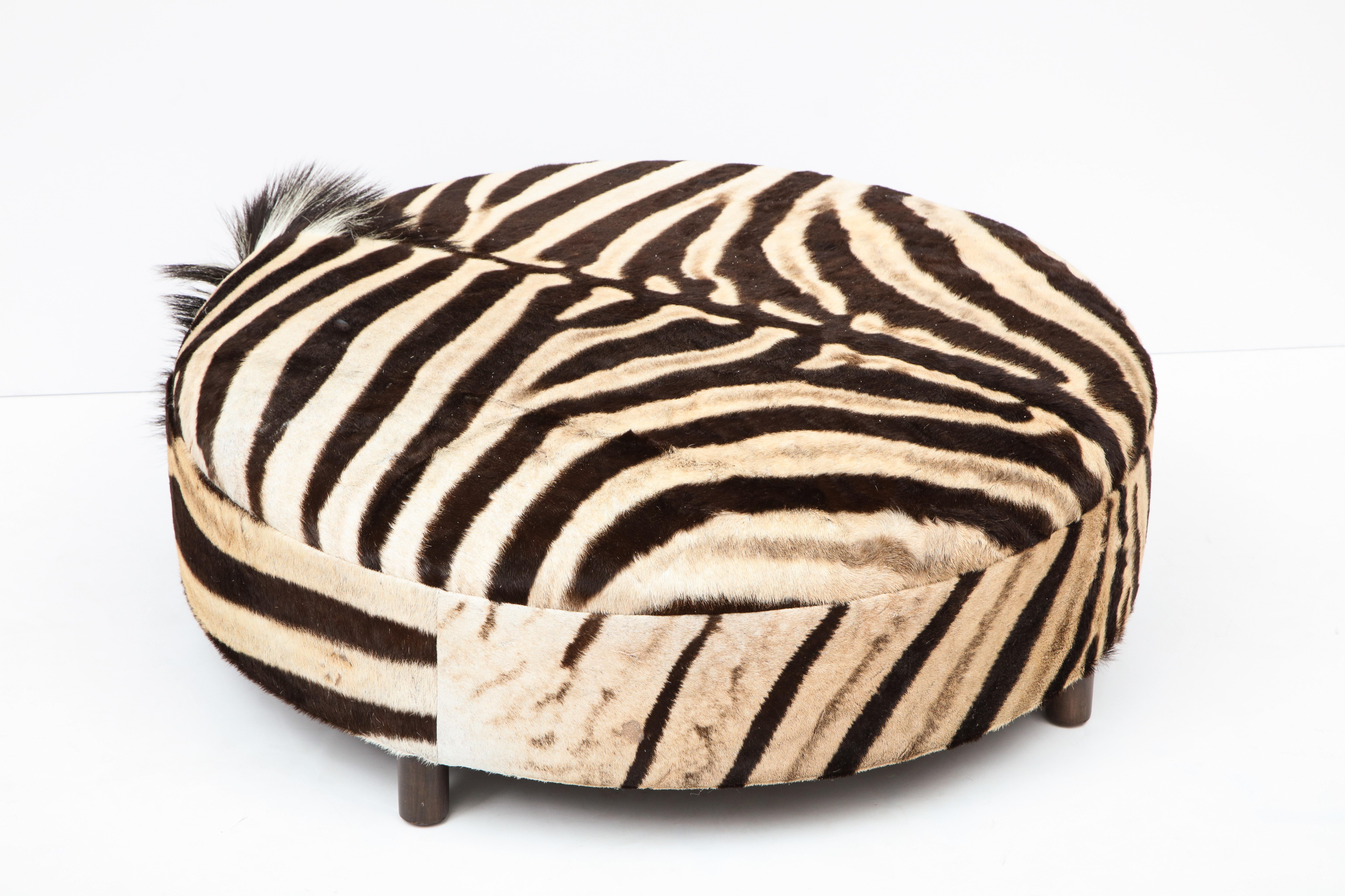 Zebra Hide Ottoman, Chocolate & Cream, Round, Contemporary, New Hides, USA Made For Sale 3