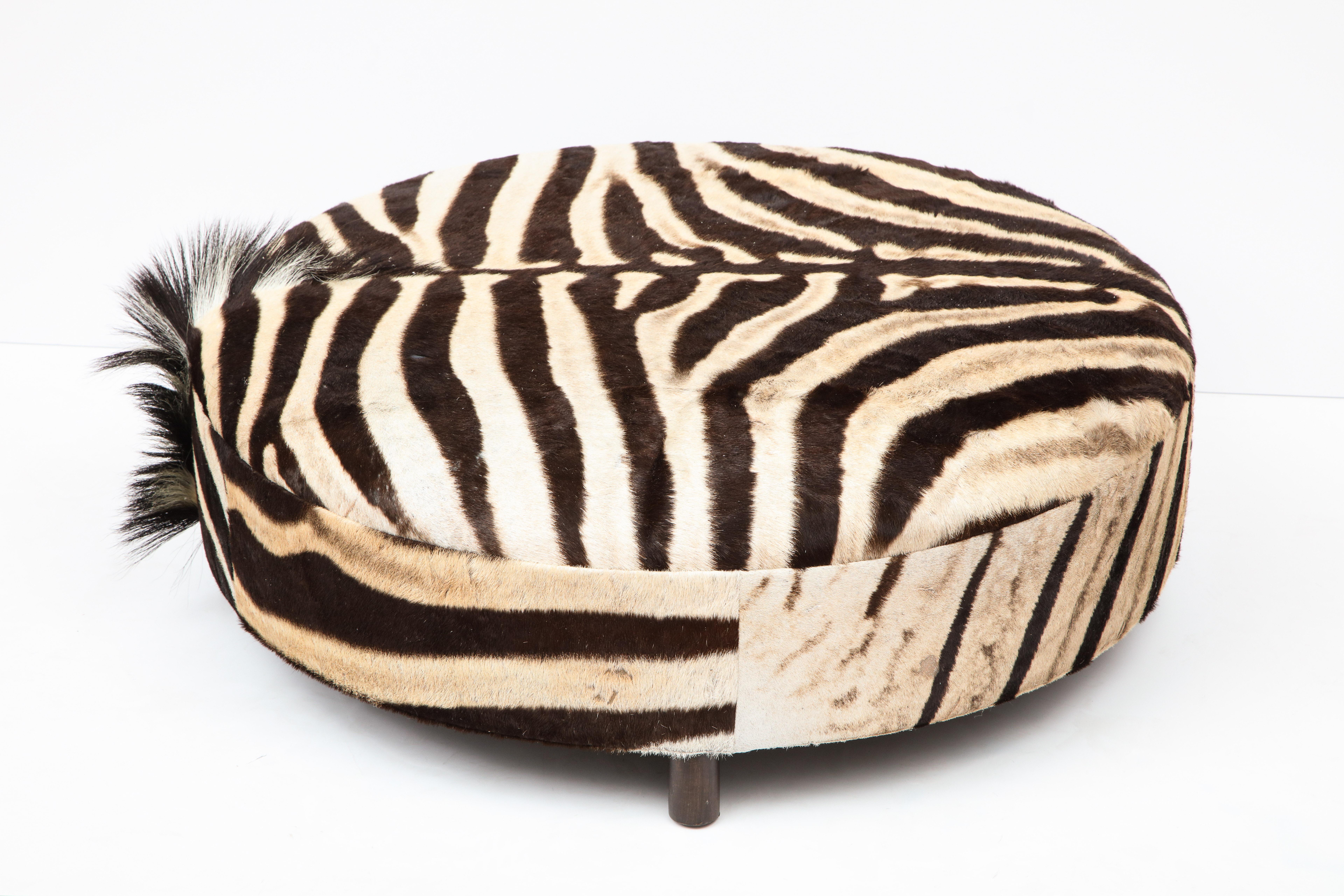 Zebra Hide Ottoman, Chocolate & Cream, Round, Contemporary, New Hides, USA Made For Sale 4