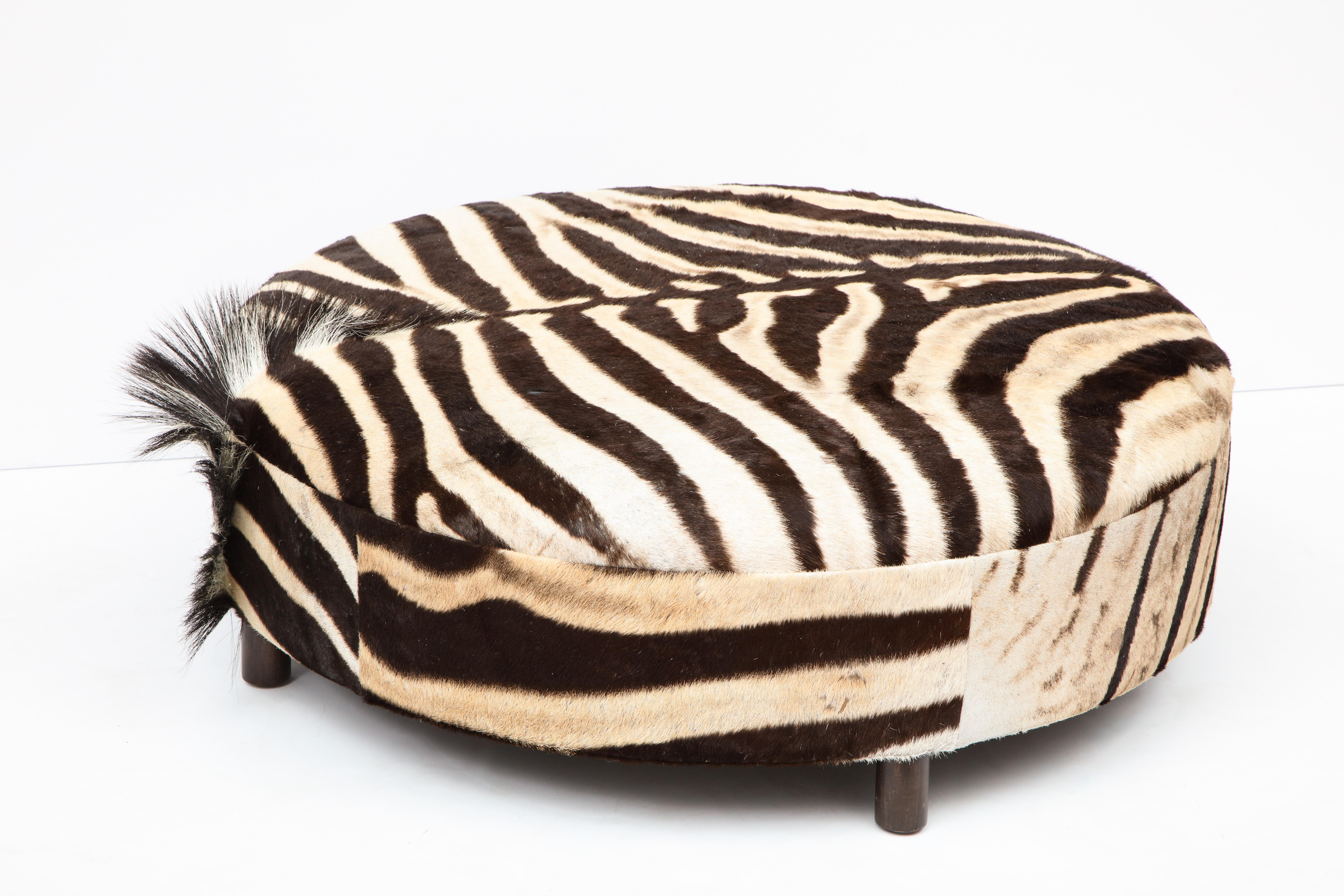 Zebra Hide Ottoman, Chocolate & Cream, Round, Contemporary, New Hides, USA Made For Sale 5