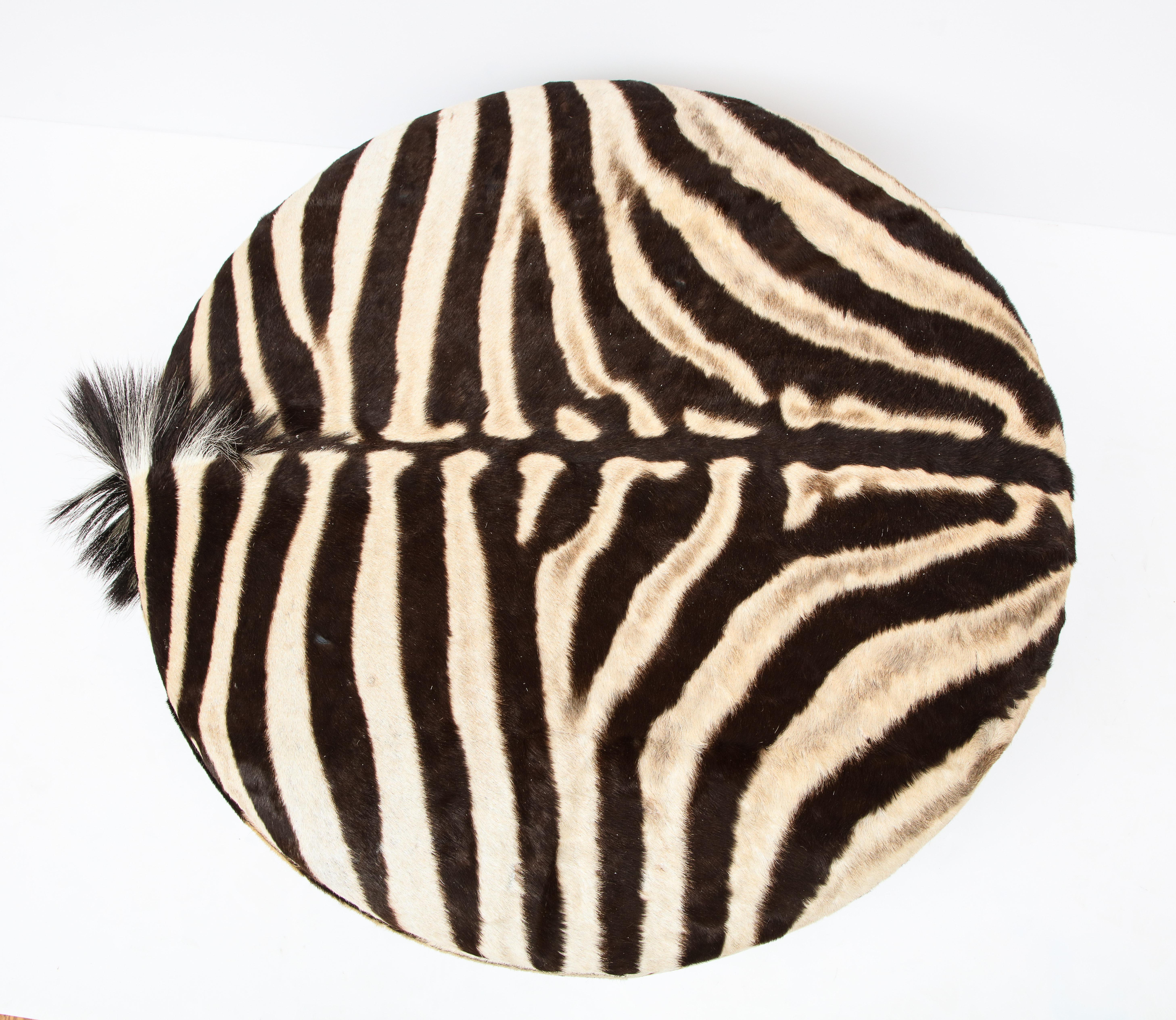 Zebra Hide Ottoman, Chocolate & Cream, Round, Contemporary, New Hides, USA Made For Sale 6