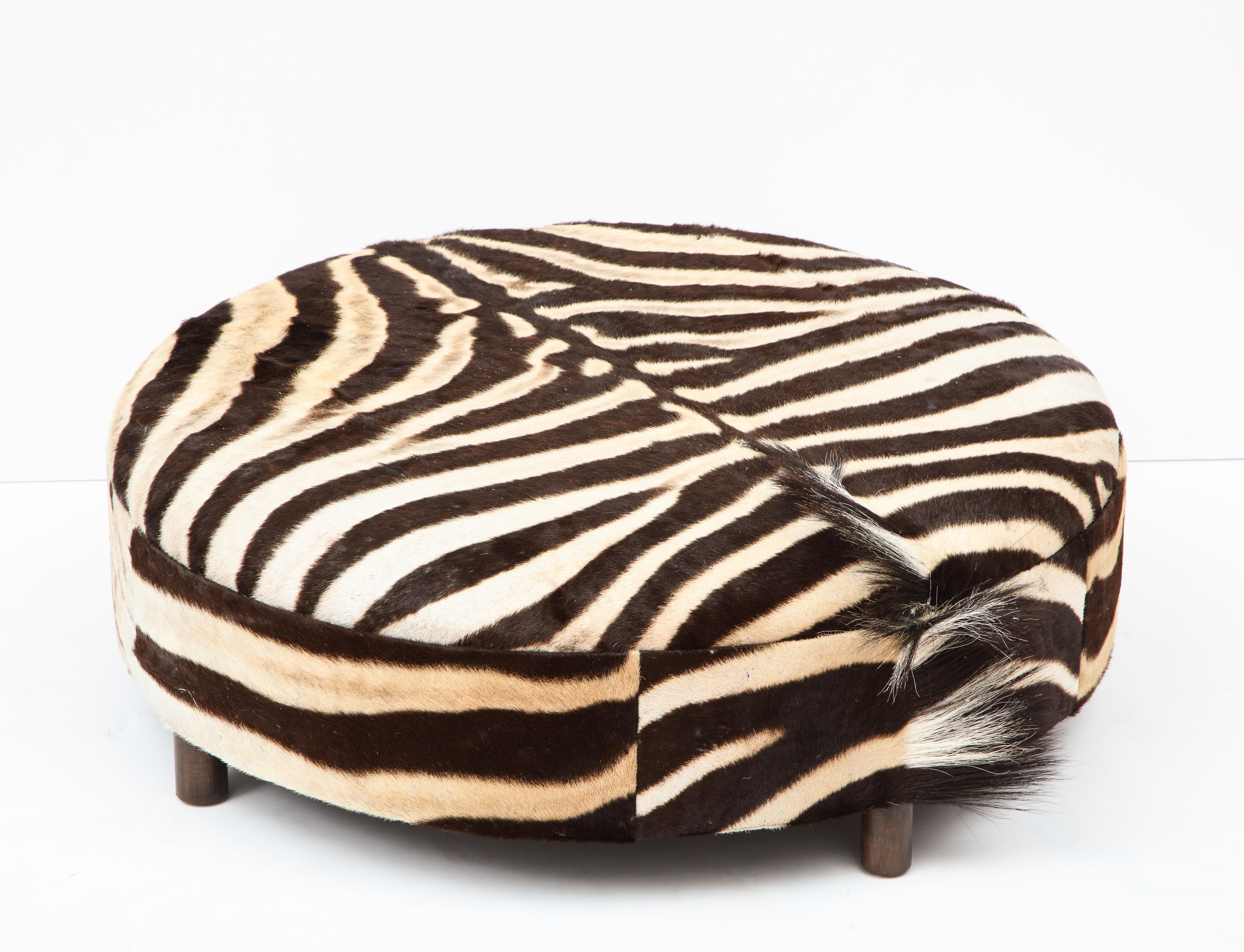 Campaign Zebra Hide Ottoman, Chocolate & Cream, Round, Contemporary, New Hides, USA Made For Sale