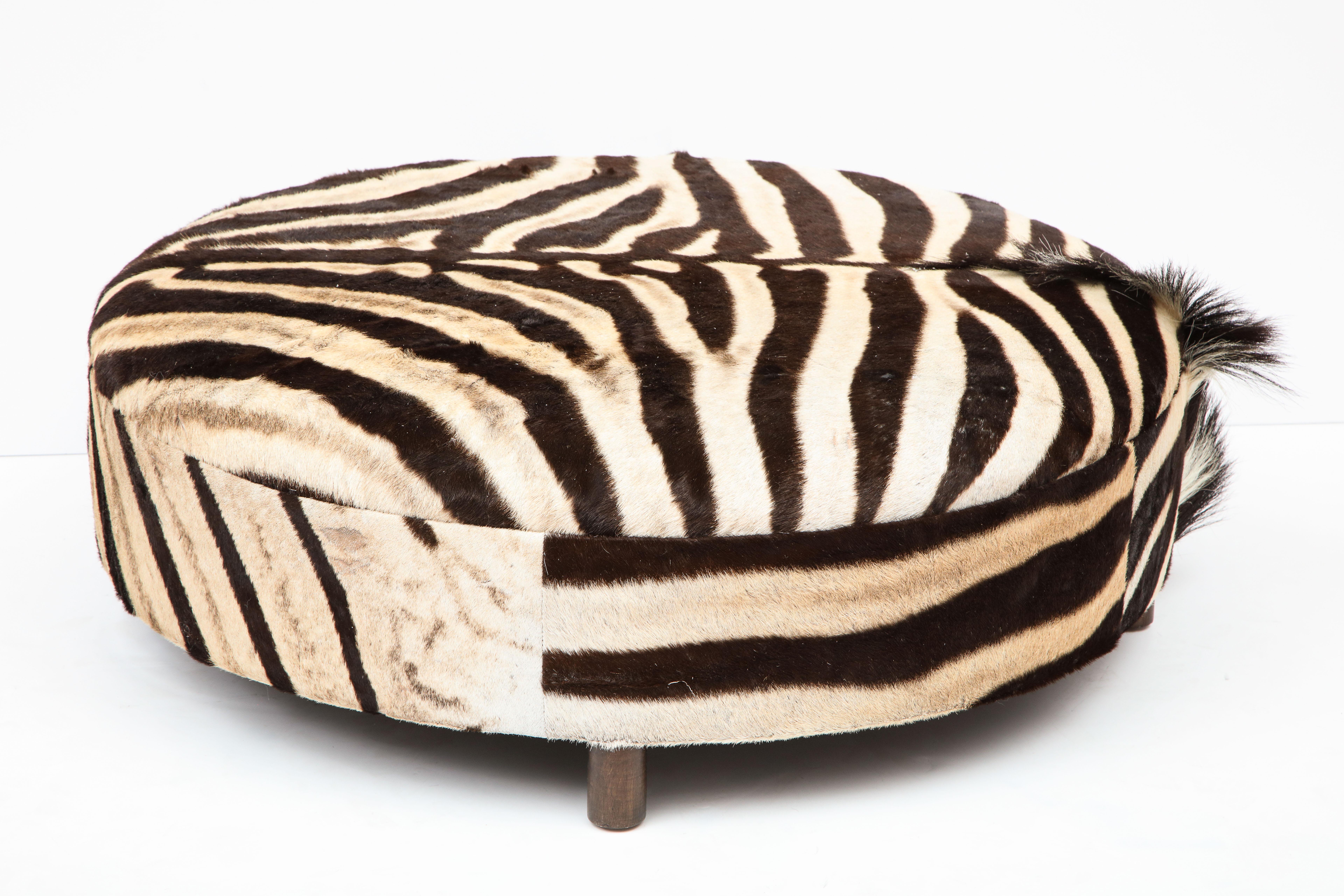 Hand-Crafted Zebra Hide Ottoman, Chocolate & Cream, Round, Contemporary, New Hides, USA Made For Sale