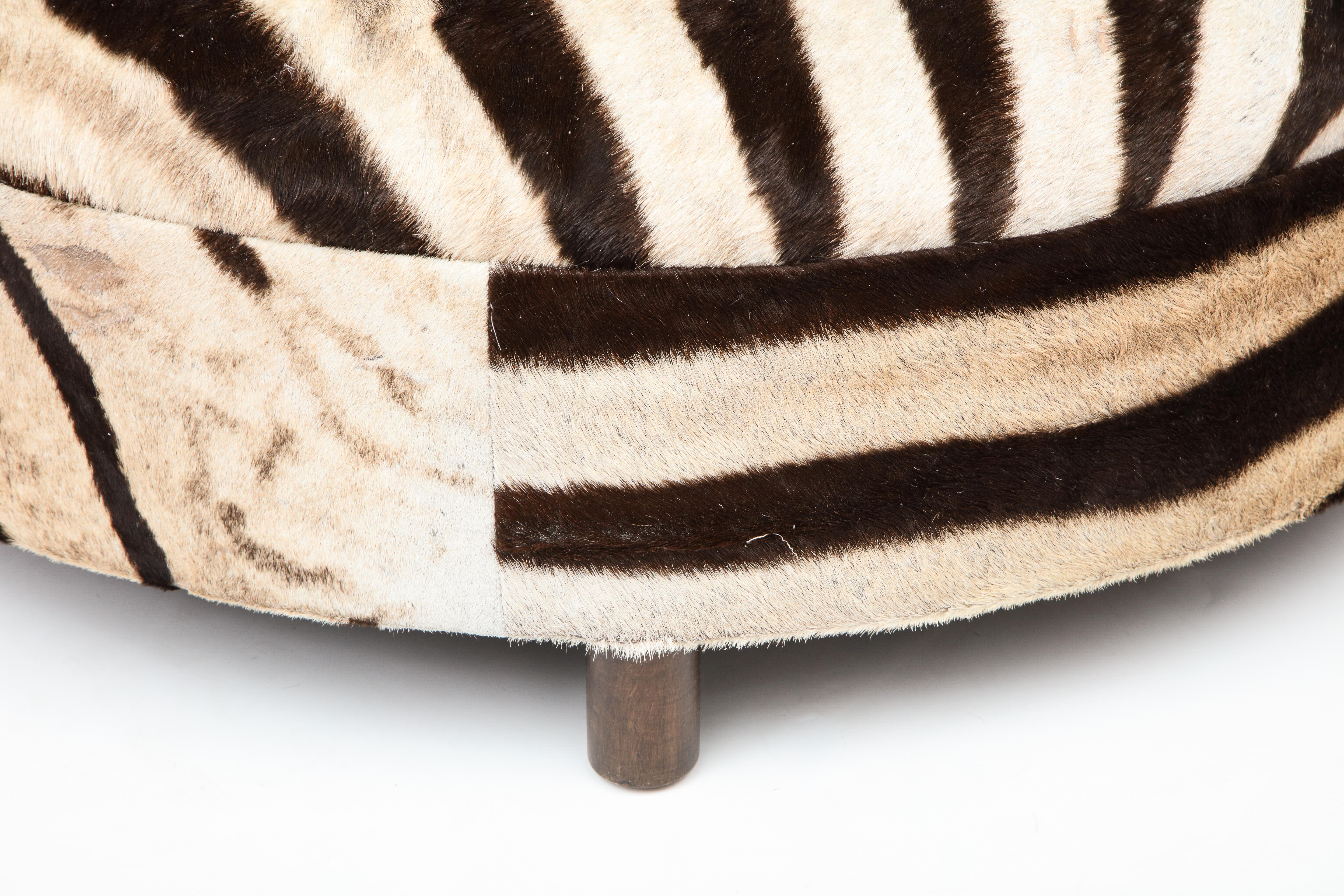 Zebra Hide Ottoman, Chocolate & Cream, Round, Contemporary, New Hides, USA Made In New Condition For Sale In New York, NY