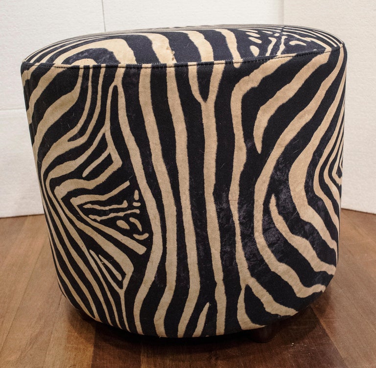 Zebra Hide 20th Century Italian Couple of Poufs with Oak Wood Legs at