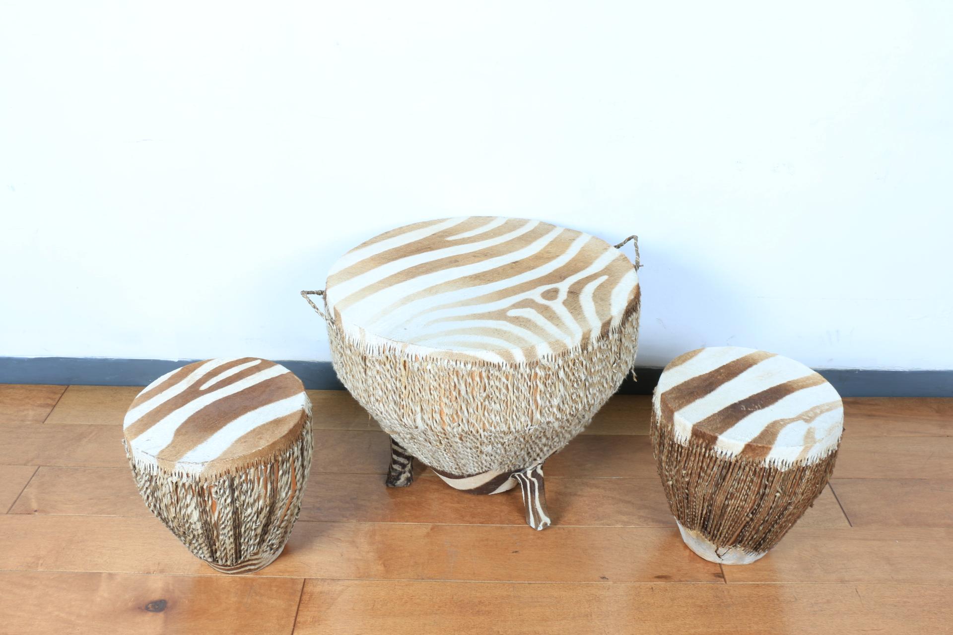 Zebra Hide Set of Low Table and 4 Stools 4