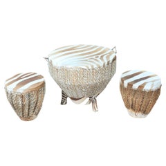Zebra Hide Set of Low Table and 4 Stools